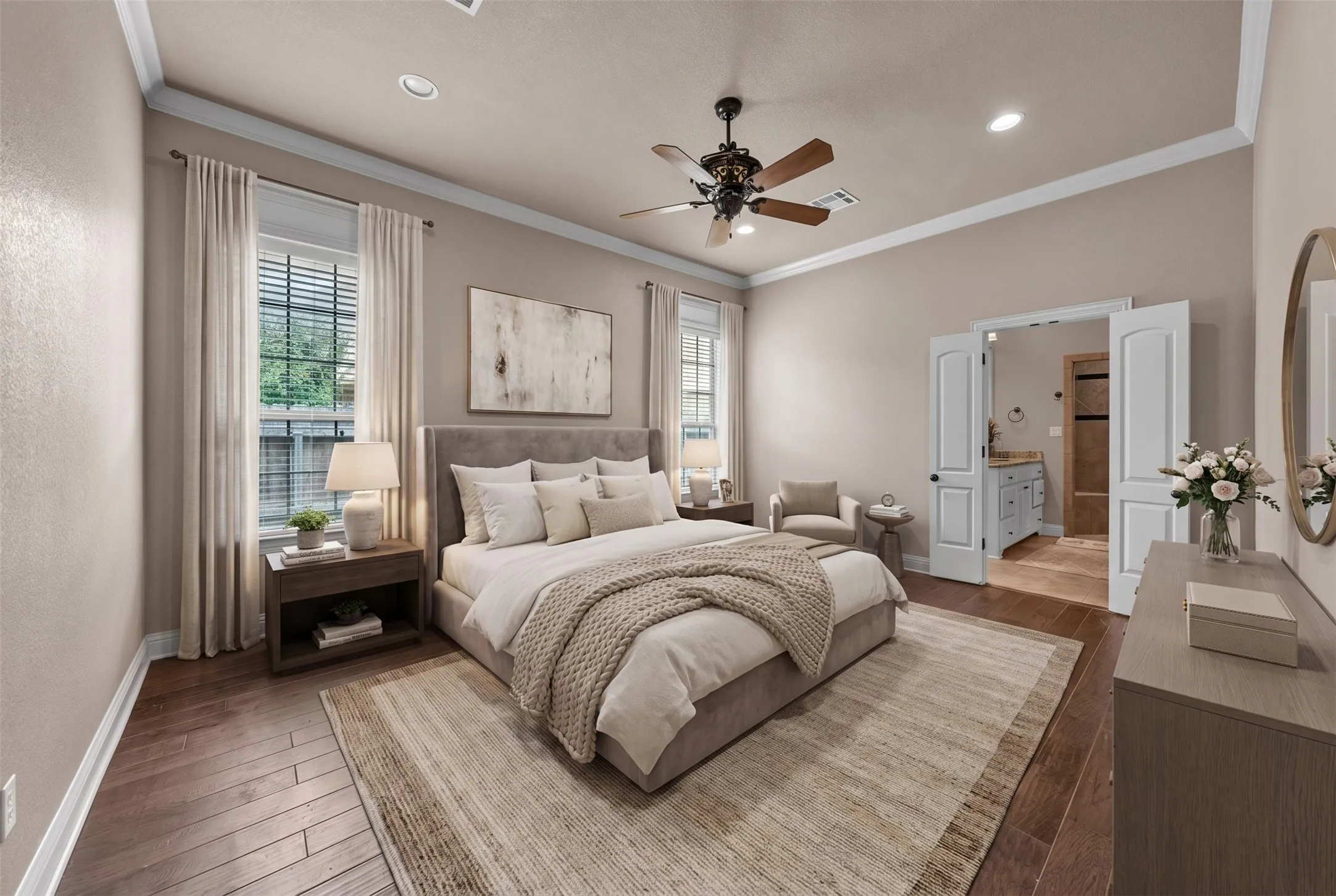 Spacious room featuring wood-finish flooring, crown molding, and recessed lighting