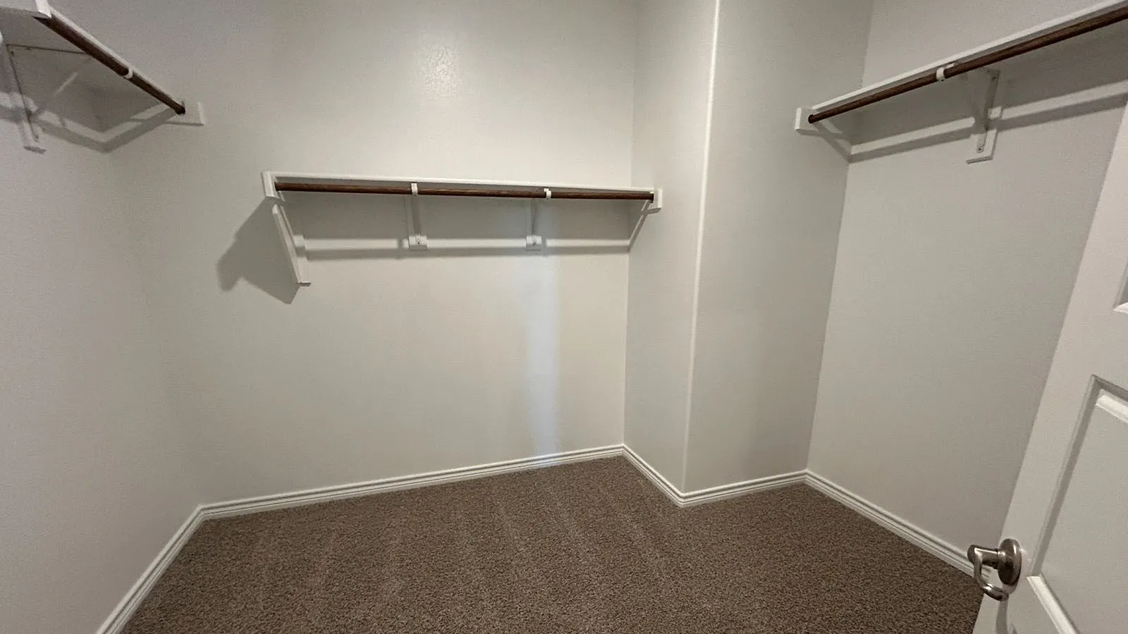 Walk-in closet with integrated shelving, hanging rods, and neutral-toned carpeting
