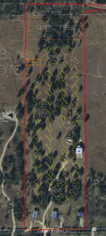 Site Plan. Illustrating the layout of the property, including streets, lots, and septic field