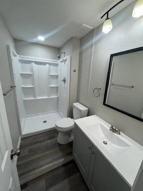 2nd floor Bathroom 2 featuring a white shower stall with integrated shelving, wood-finish flooring, a contemporary vanity with an integrated sink, a dark-framed mirror, and modern track lighting