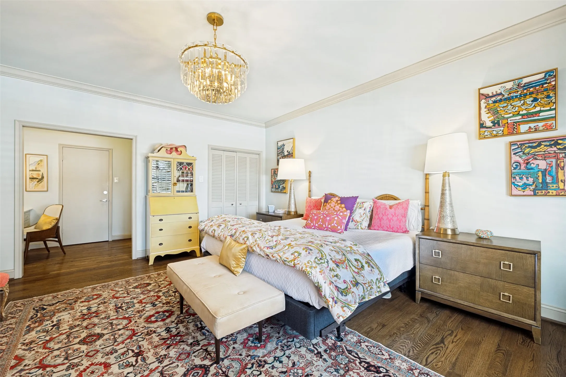 Spacious Primary, dual closets, crystal Baccarat style chandelier