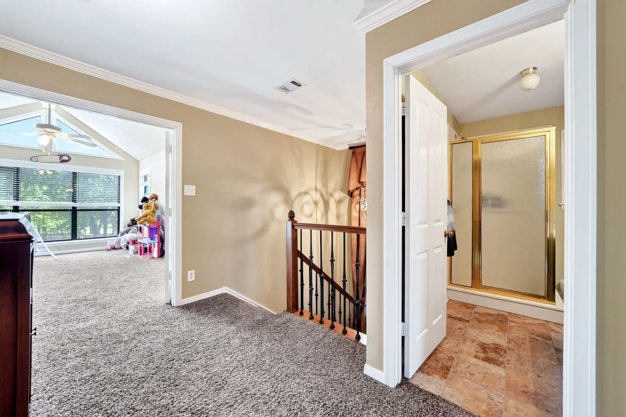 Carpeted landing featuring a wooden staircase with black iron balusters, a doorway opening to a room with vaulted ceilings and large windows, and a doorway revealing a bathroom with a gold-framed shower enclosure and patterned flooring