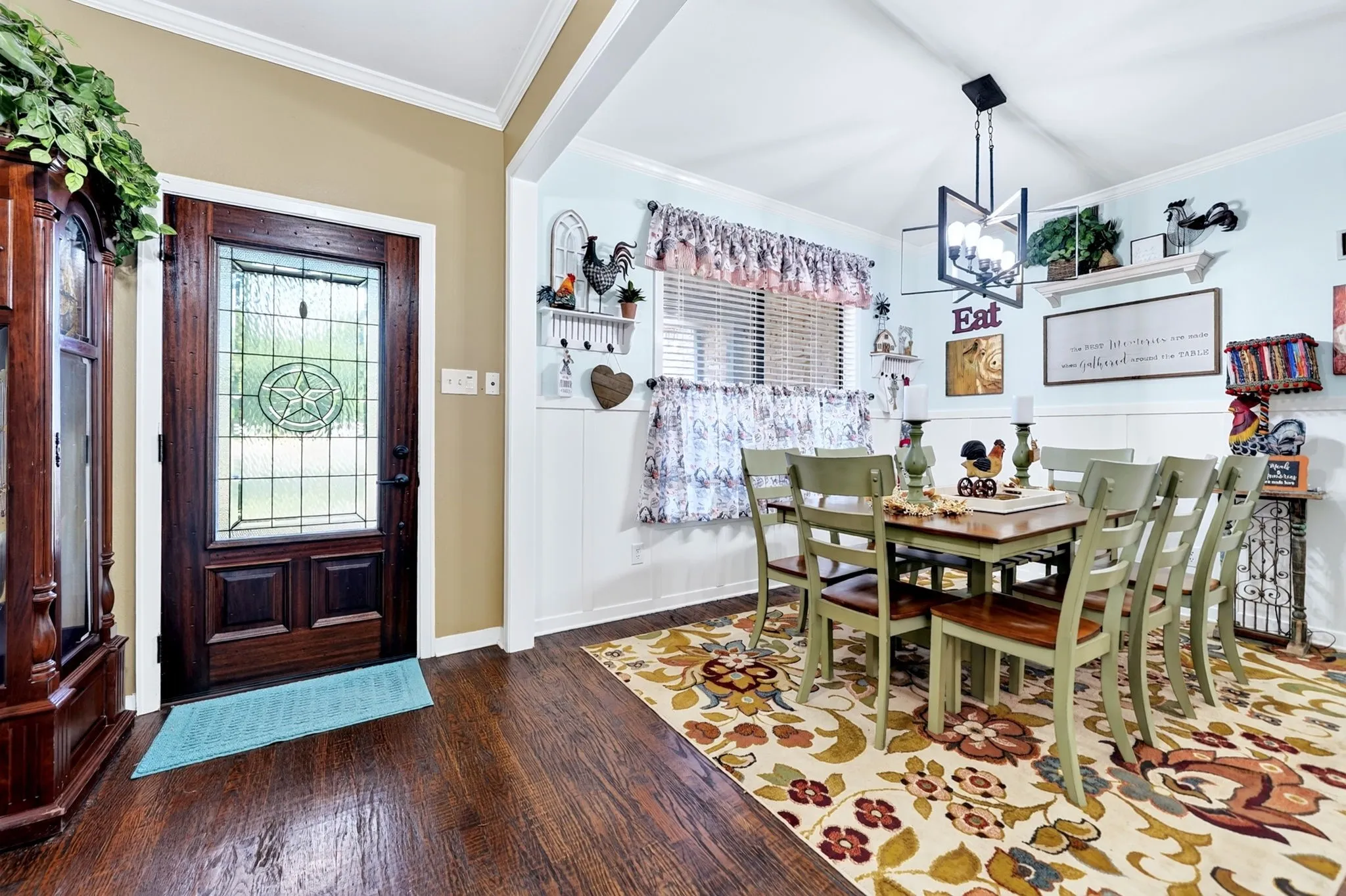 Wood-finish flooring throughout the space