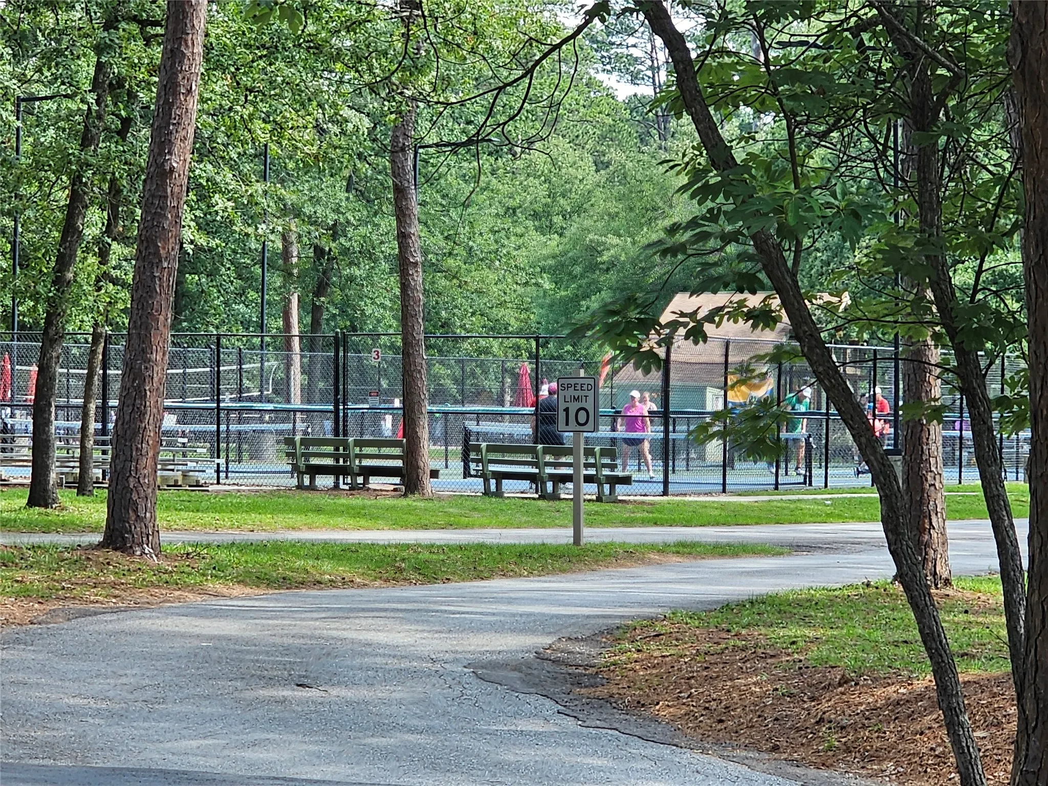 Paved road bordered by trees and grass, with a sports court featuring chain-link fencing and multiple benches in the background