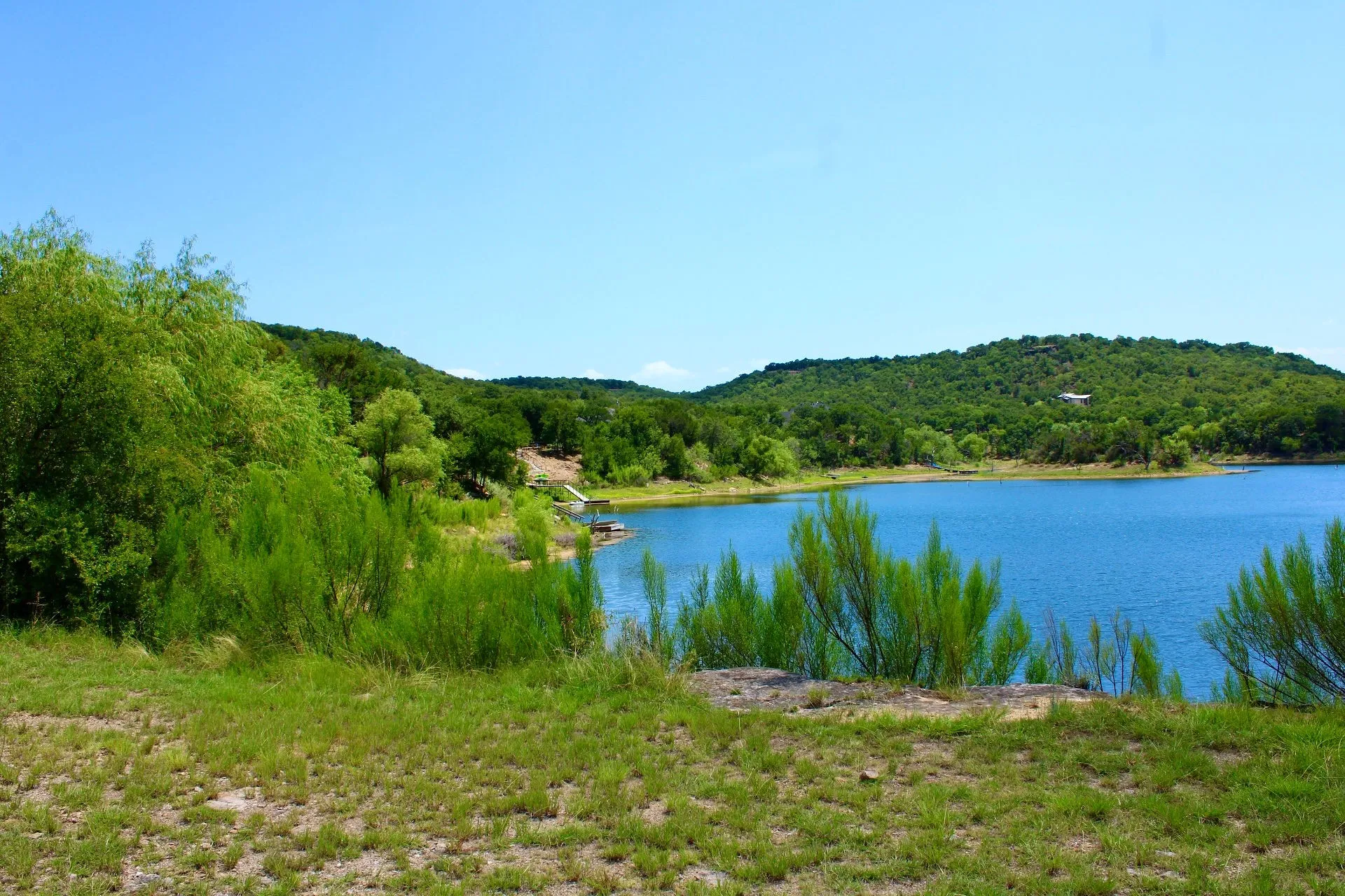 Expansive water frontage property with a dock structure