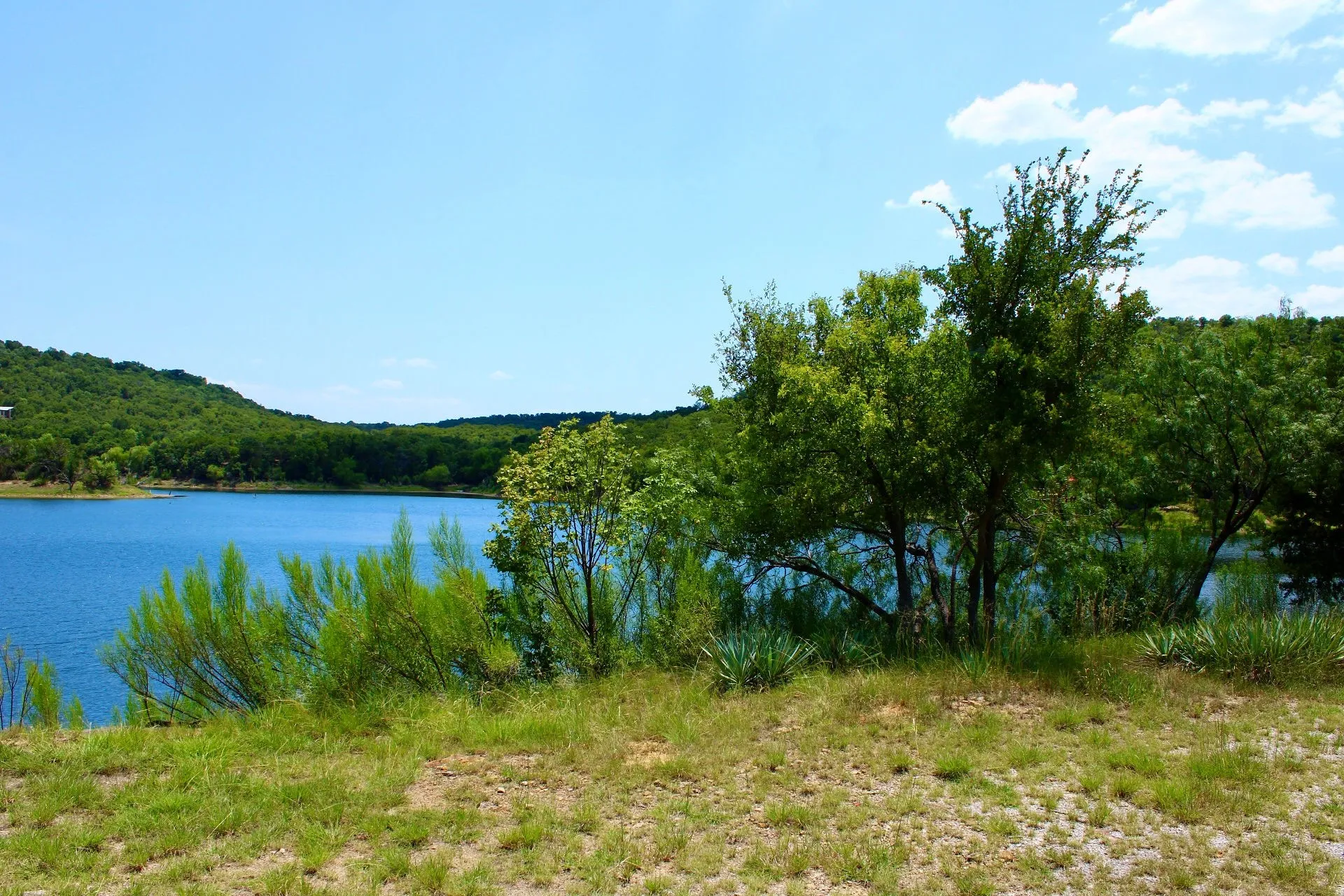 Expansive natural setting featuring a prominent body of water, lush green hills, and mature trees