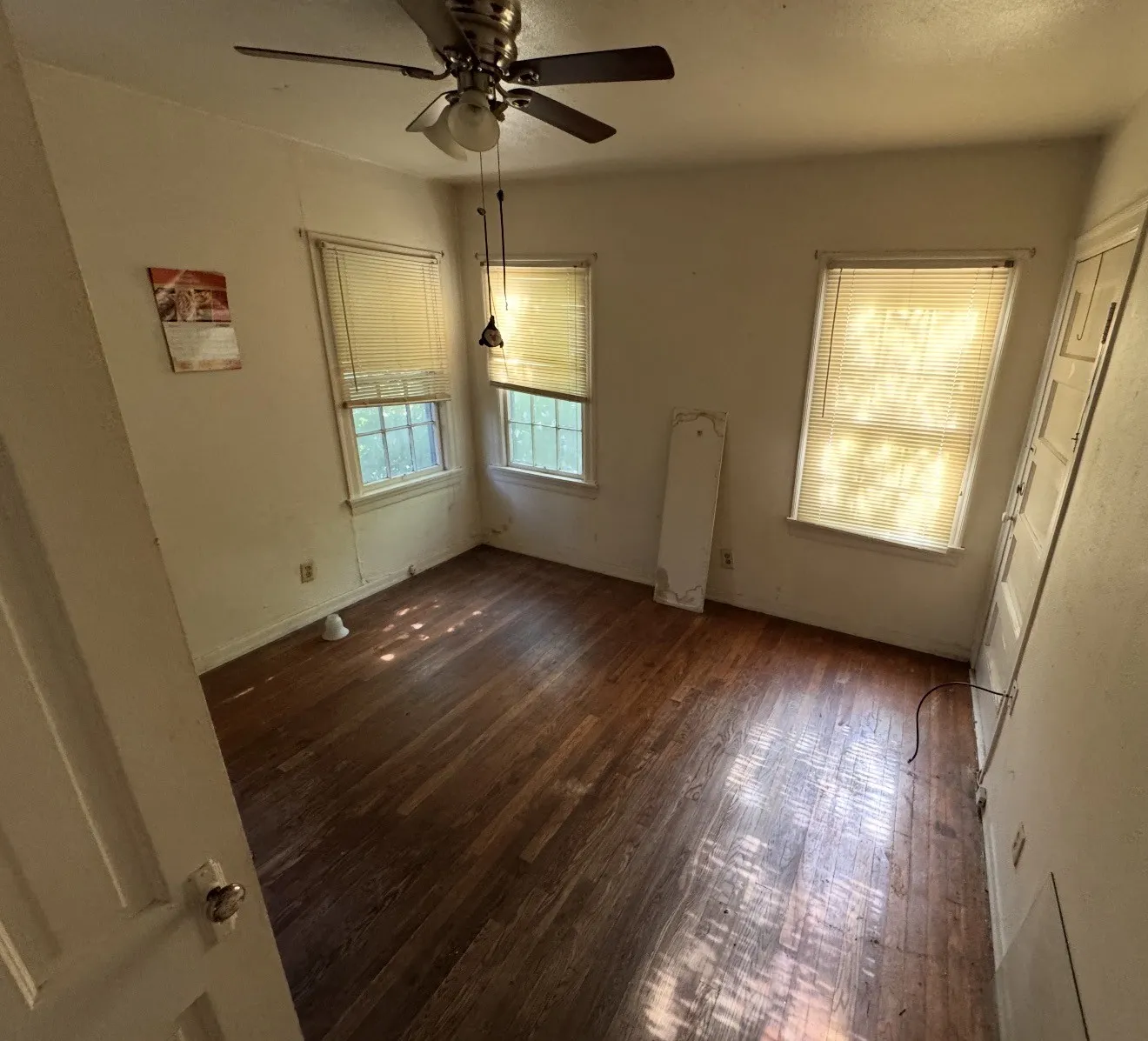 Room featuring wood-finish flooring, two windows with blinds, a ceiling fan with integrated lighting, and painted walls