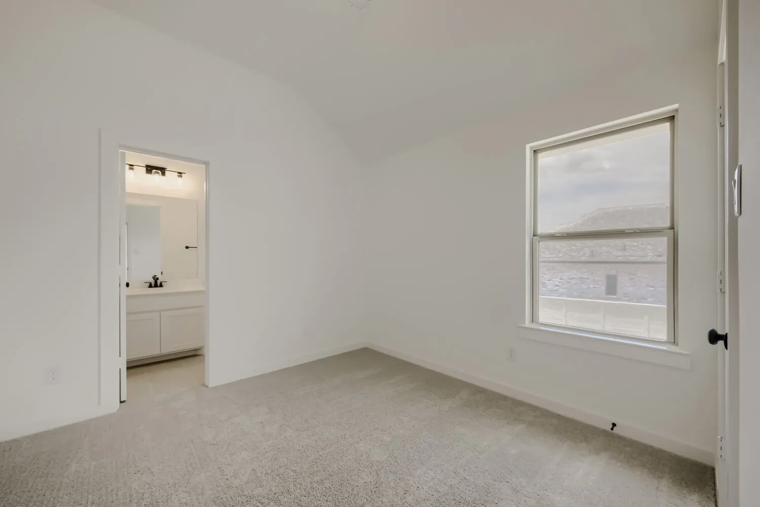 Carpeted room with vaulted ceiling and a single window