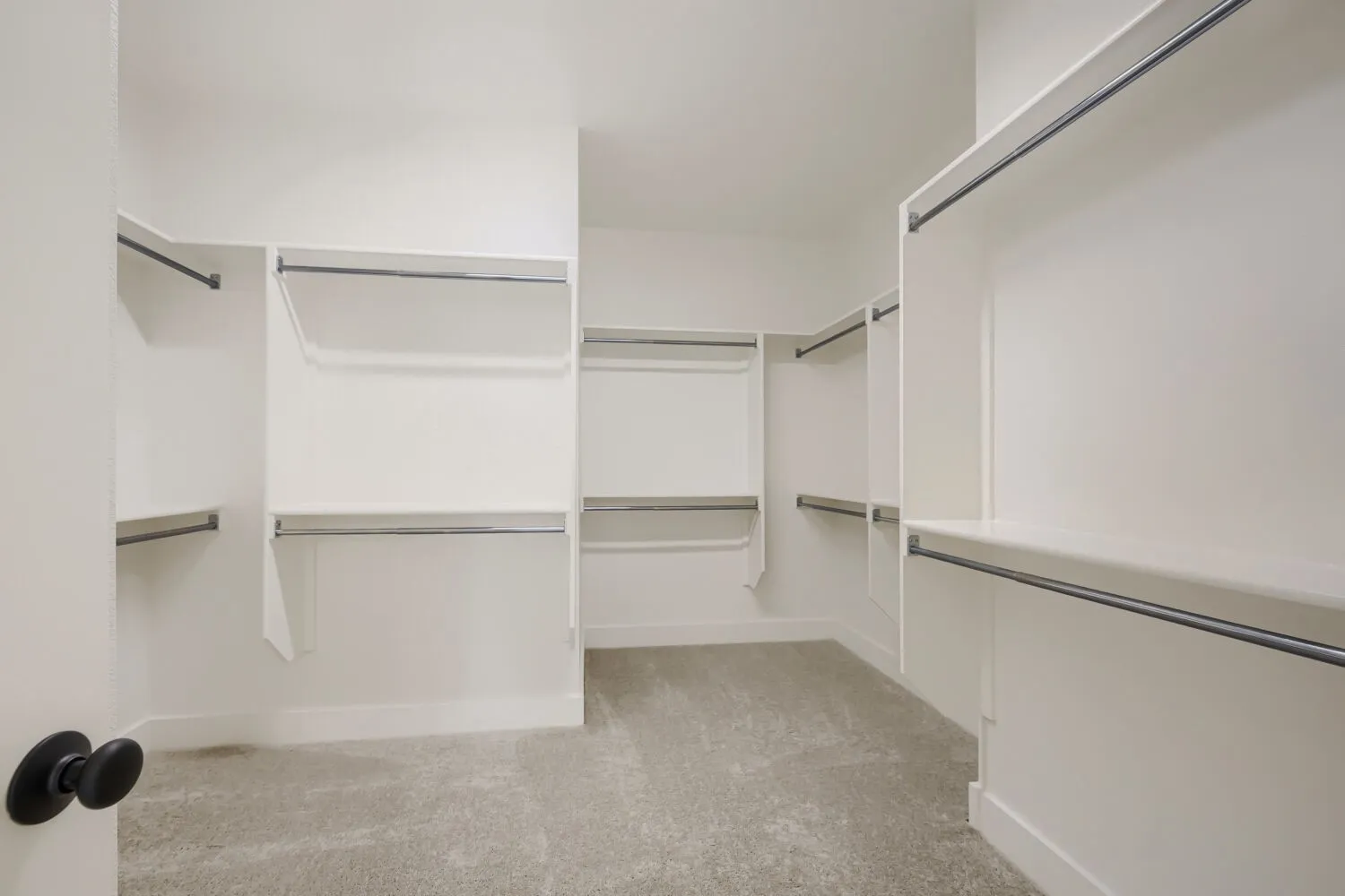 Walk-in closet with carpet flooring, white shelving, and multiple hanging rods