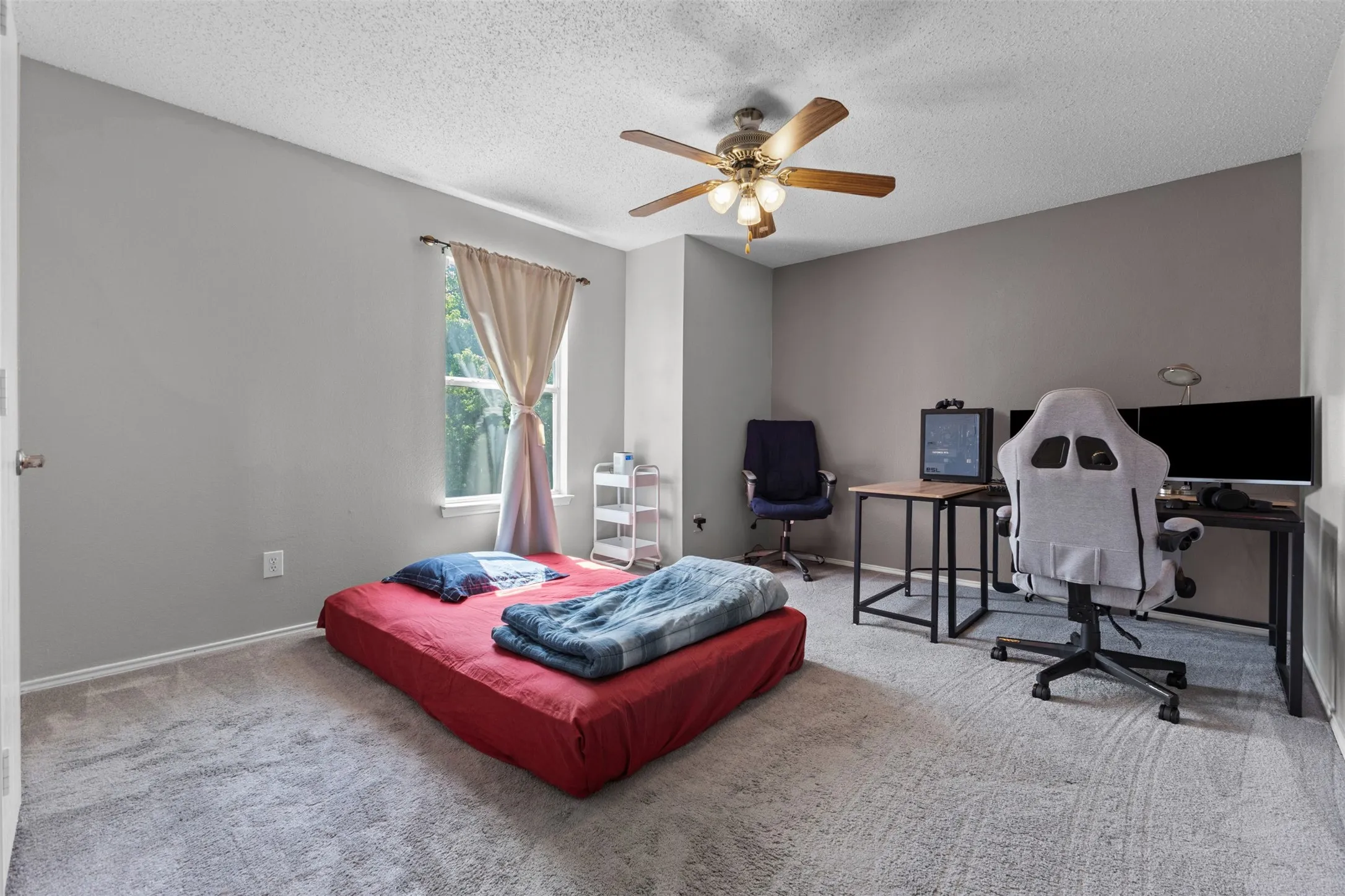 Carpeted interior space featuring a window with natural light, a ceiling fan with integrated lighting, and neutral-toned walls
