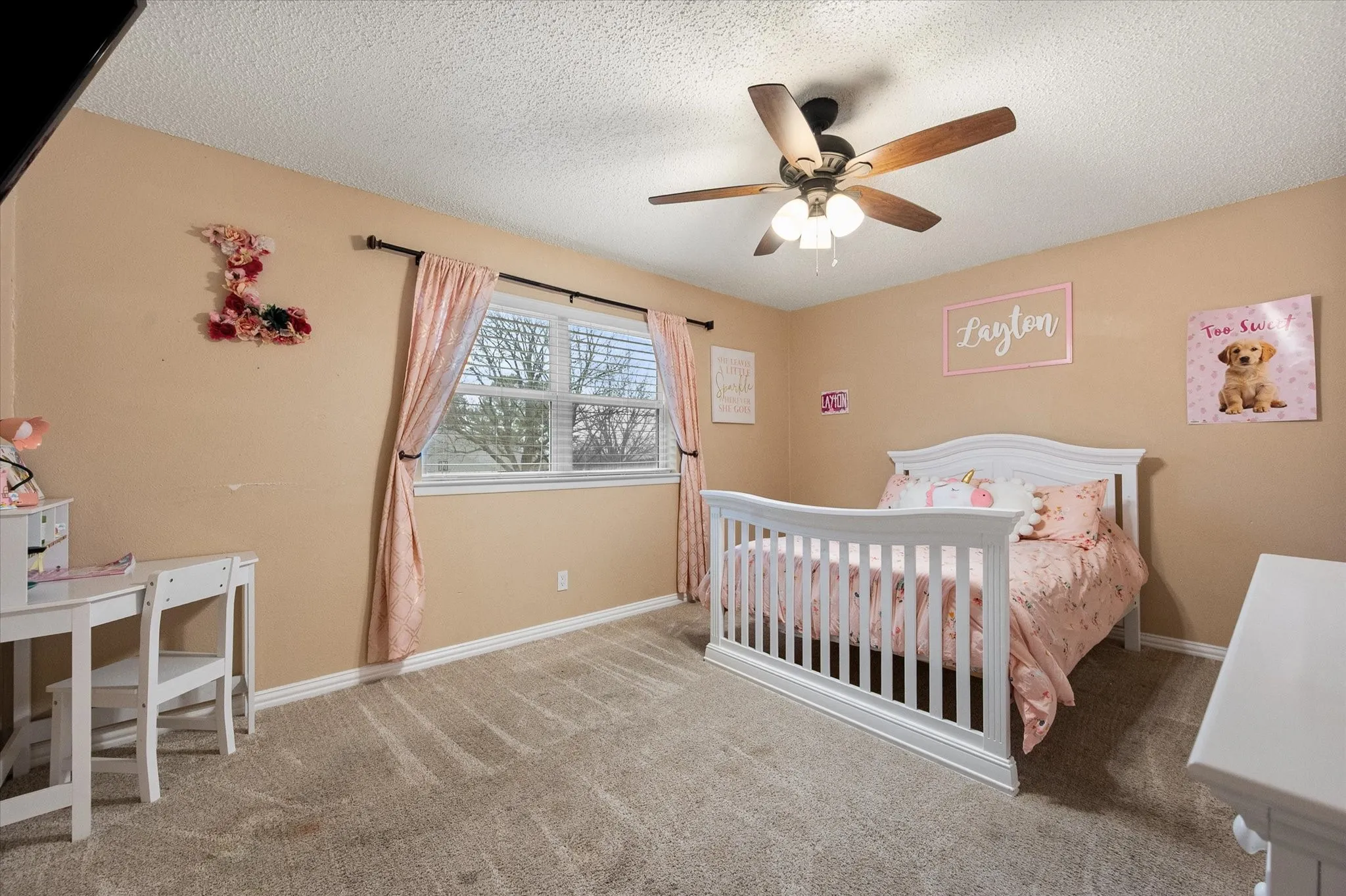 Bedrooom #2 has plush carpet and ceiling fan.
