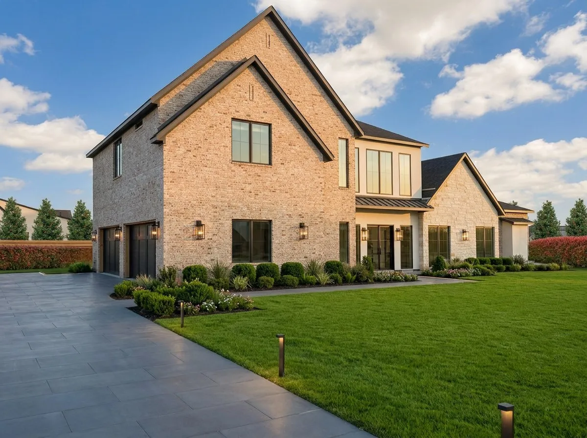 Contemporary residence featuring a brick and stone facade, multi-pane windows, and a paved driveway