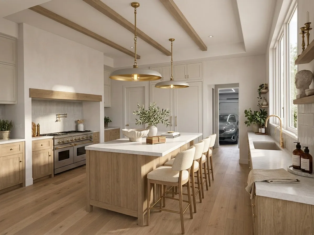 Gourmet kitchen featuring a large central island with seating, stainless steel range with pot filler, wood-finish flooring, exposed ceiling beams, and ample natural light from multiple windows