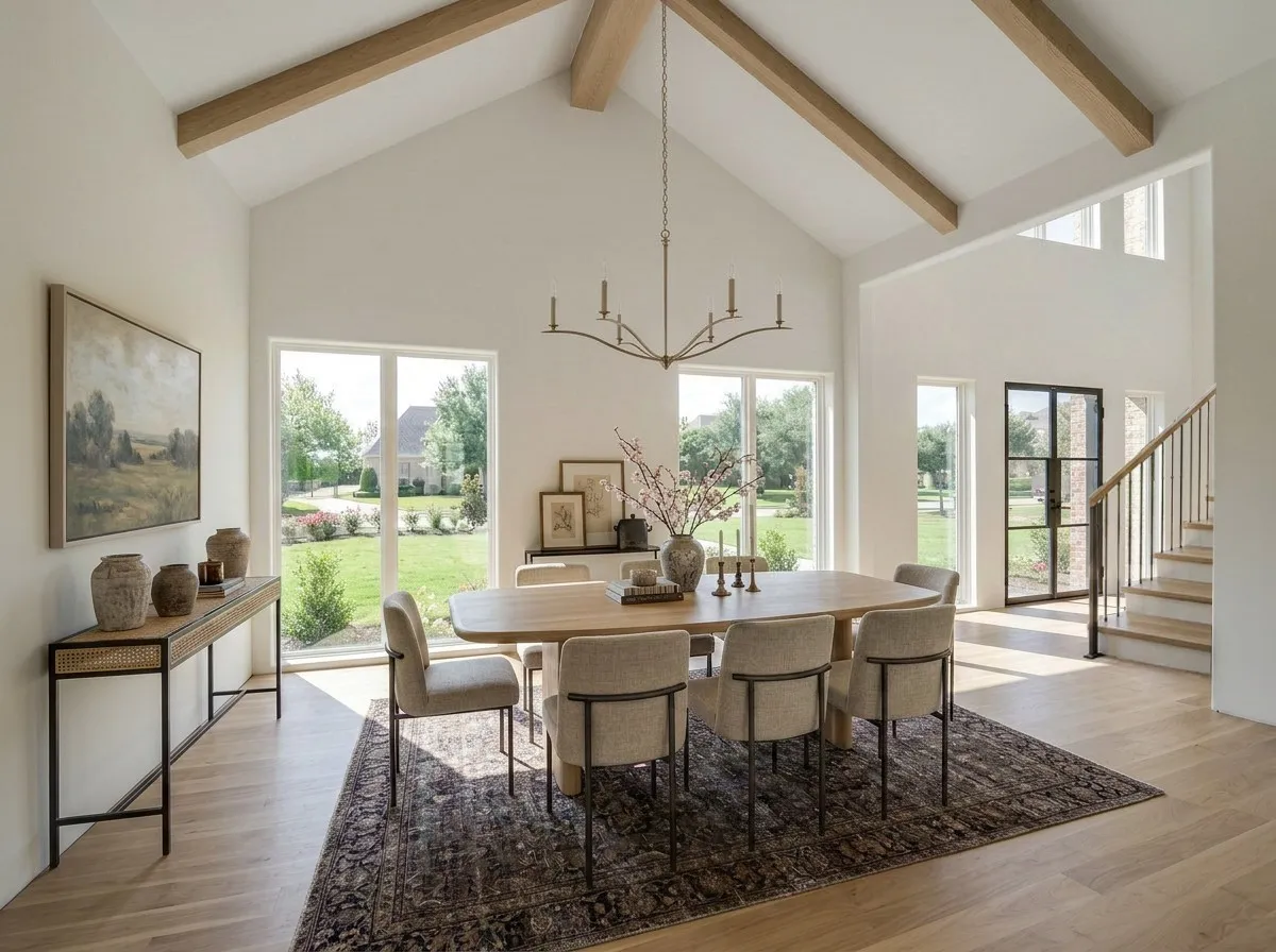 Dining space featuring vaulted ceilings with exposed wood beams, light wood-finish flooring, and multiple large windows