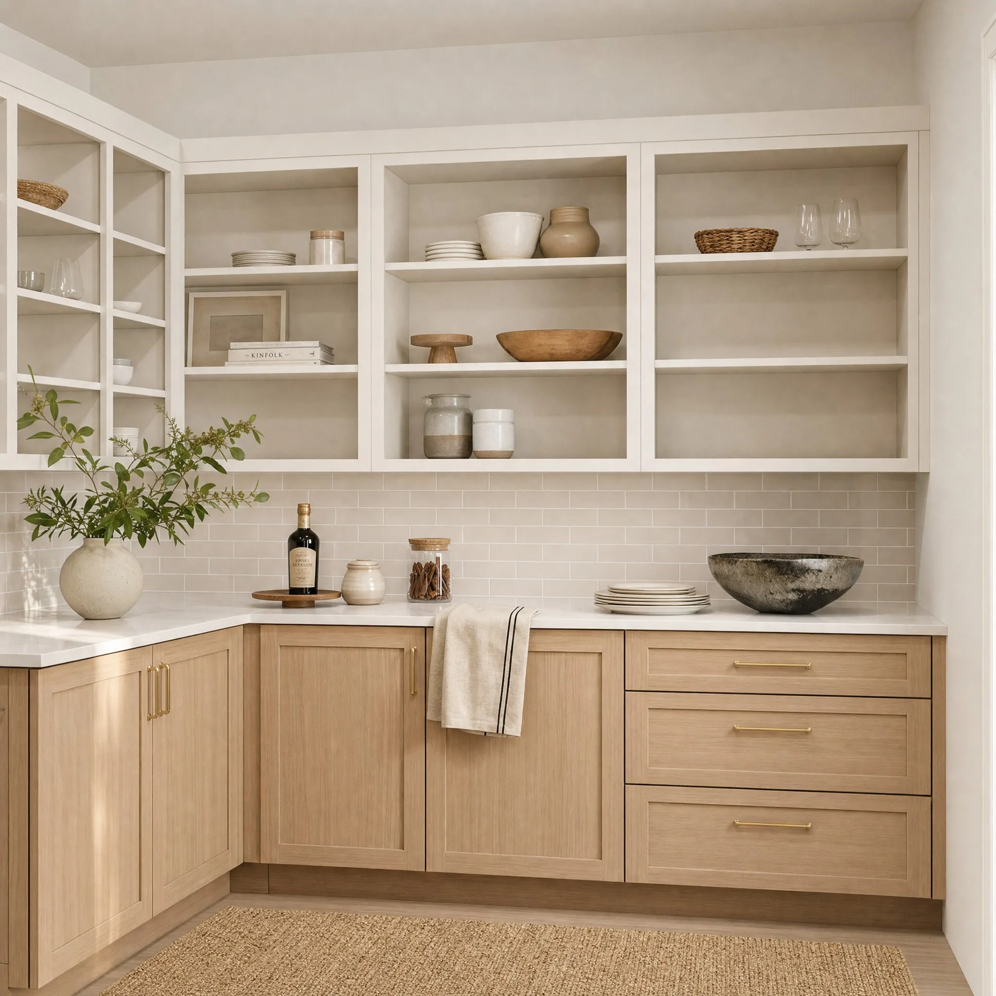 Kitchen featuring light wood-finish lower cabinetry with brass hardware, white countertops, and a white subway tile backsplash