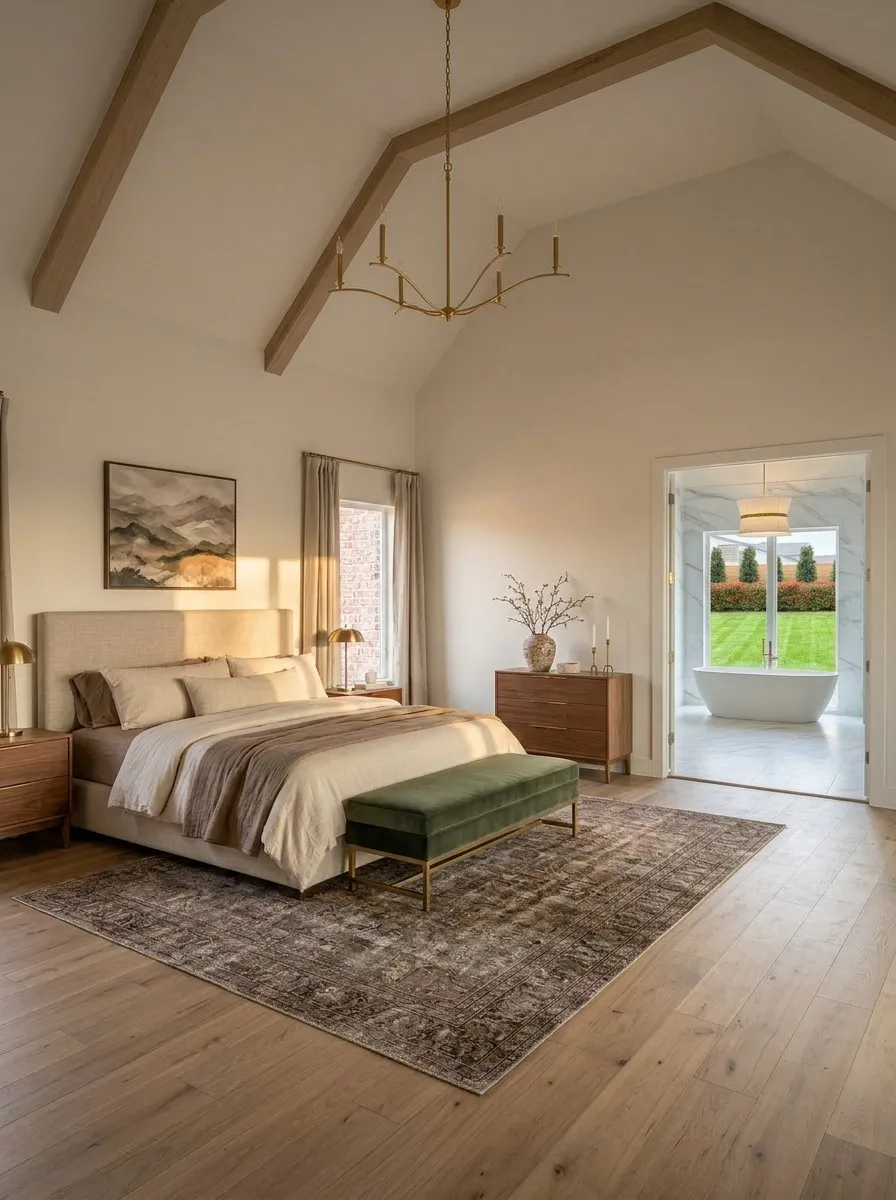 Vaulted ceilings with exposed wood beams define this spacious room