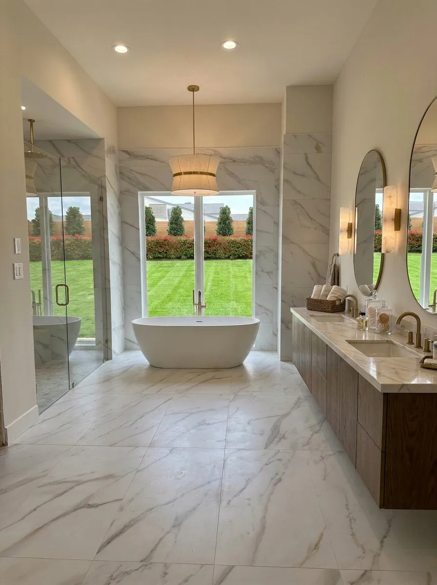 Freestanding soaking tub with gold-tone fixtures, set against a large window overlooking a manicured lawn