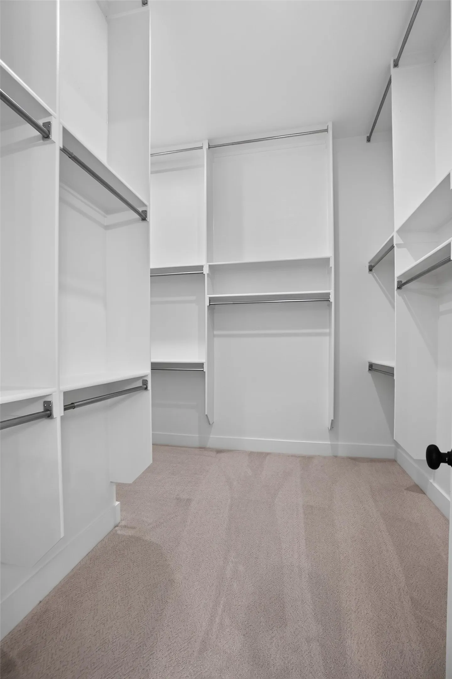 Walk-in closet featuring built-in shelving, multiple hanging rods, and neutral-toned carpeting