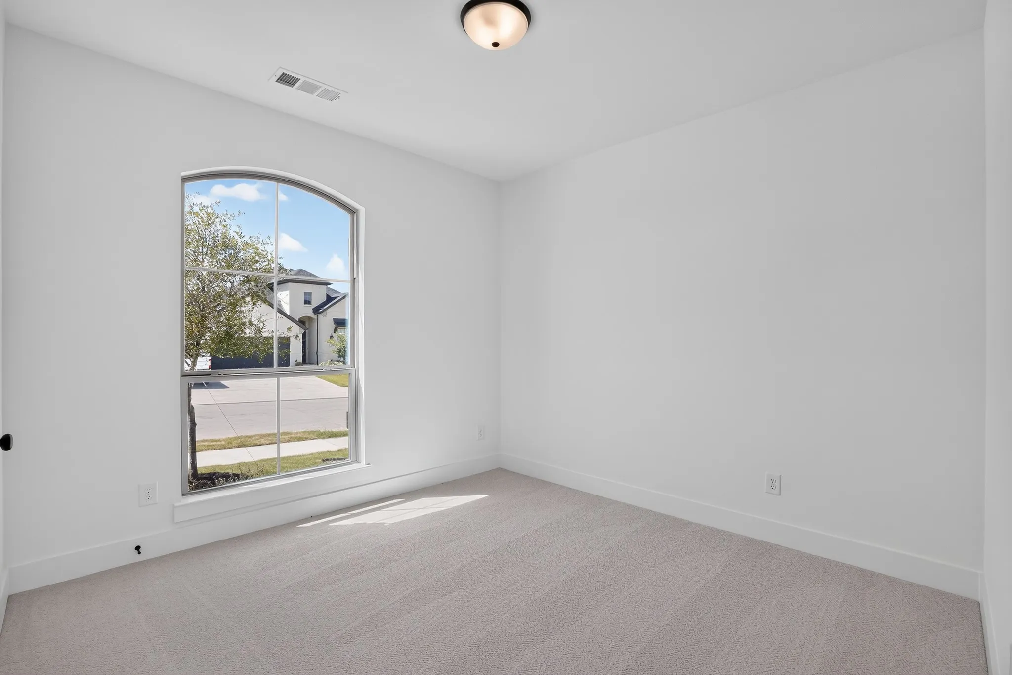 Arched window with gridded panes, light gray carpeting, flush-mount ceiling light, and crisp white walls