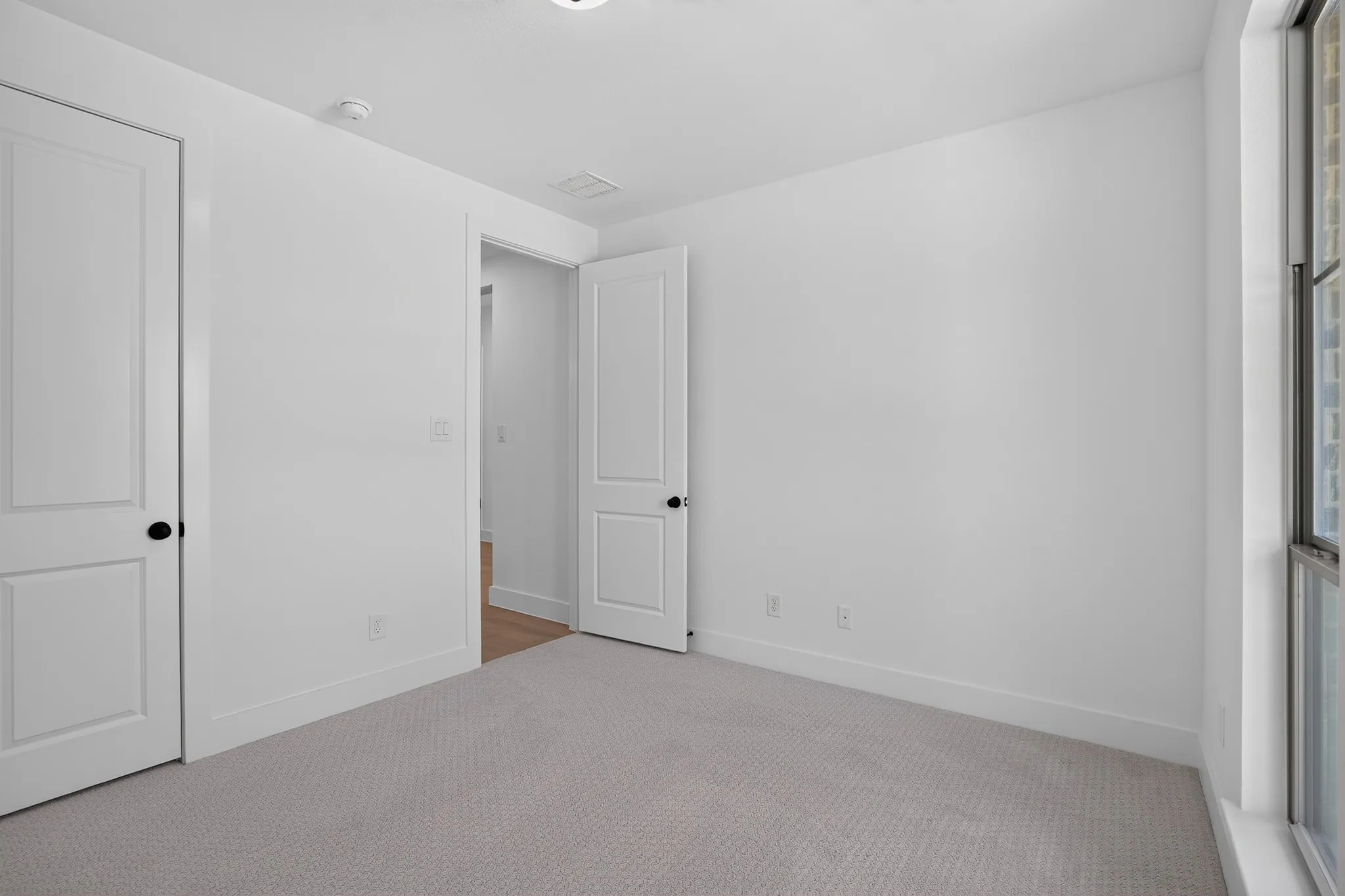Light gray patterned carpeting, white walls, and a multi-paned window