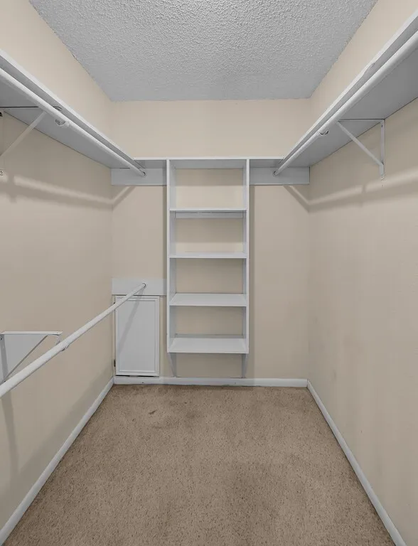 Walk-in closet featuring built-in shelving, hanging rods, light beige walls, white trim, and carpet flooring