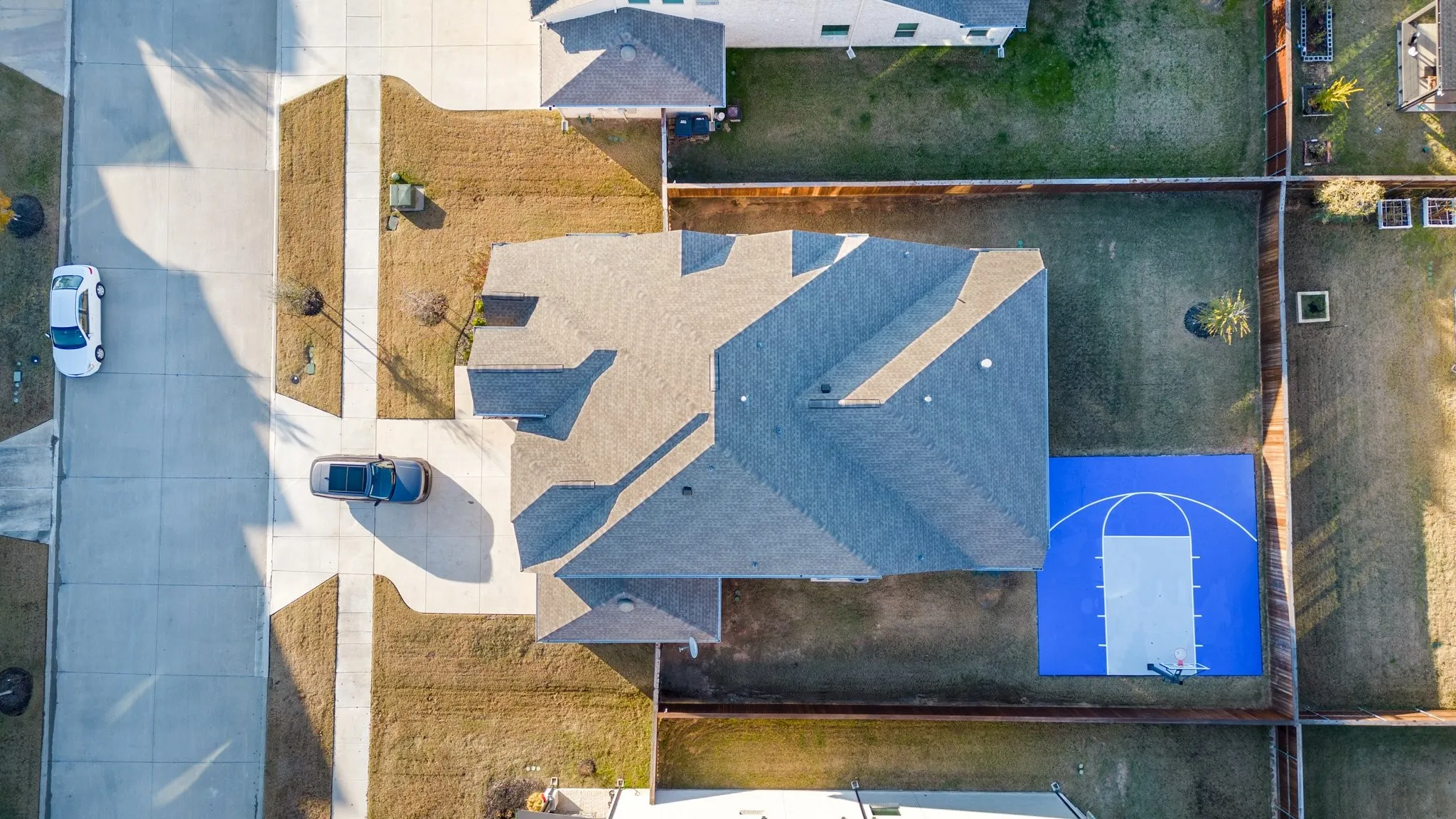 Aerial View of backyard and basketball court
