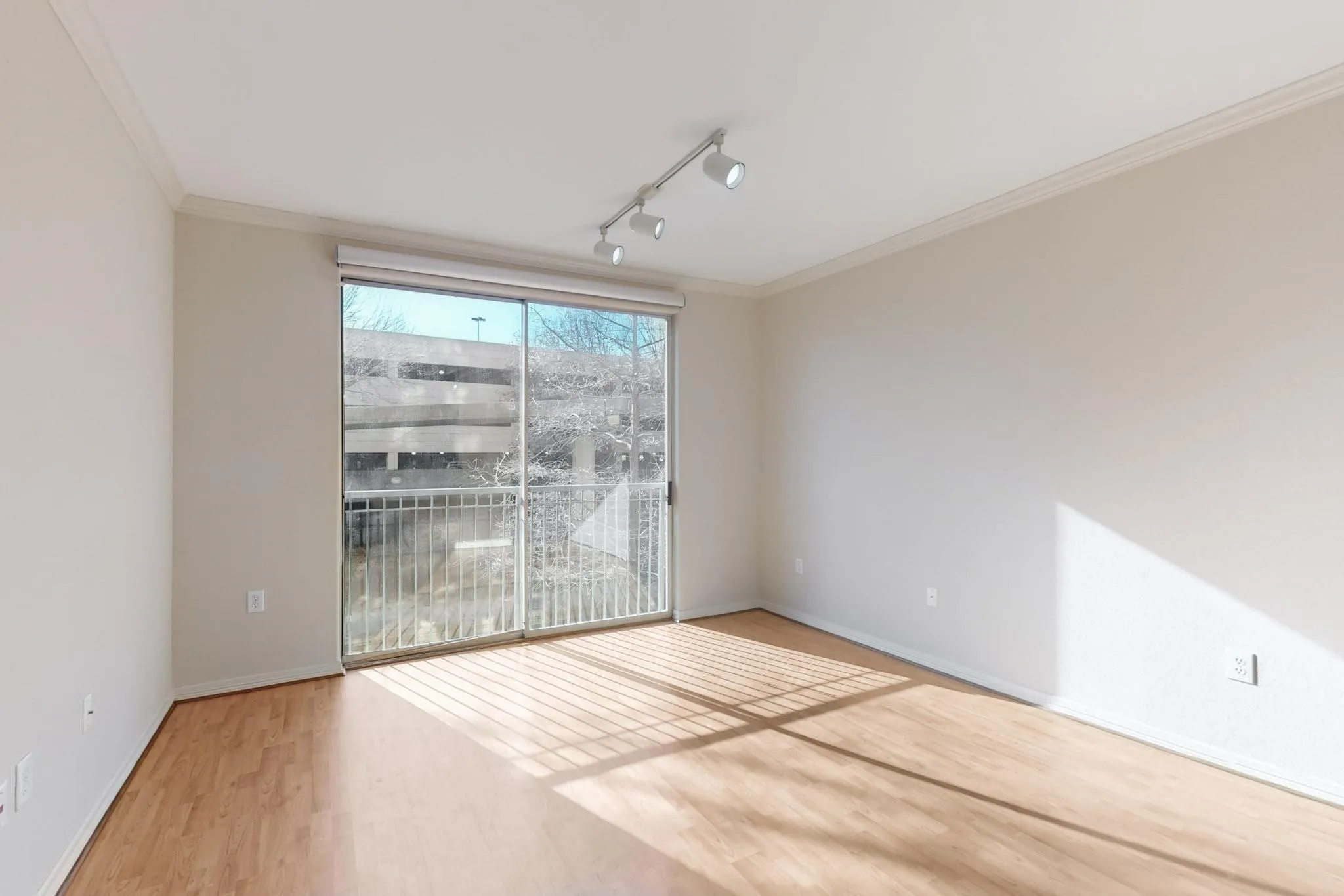 Spare room with track lighting, light wood-style floors, and ornamental molding