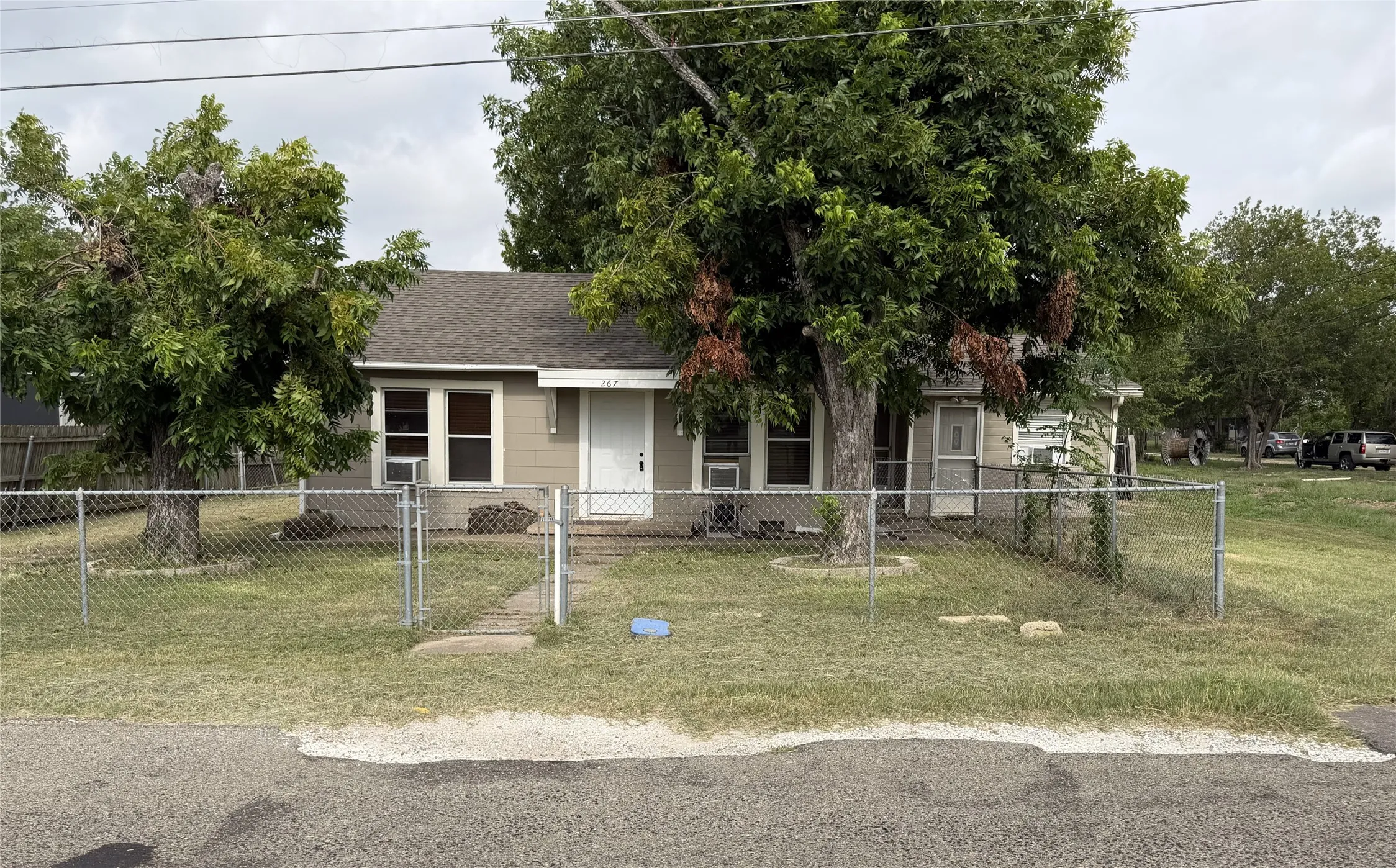 Single-story residence featuring a neutral exterior, a chain-link fence enclosing the front yard, mature trees, and a shingled roof