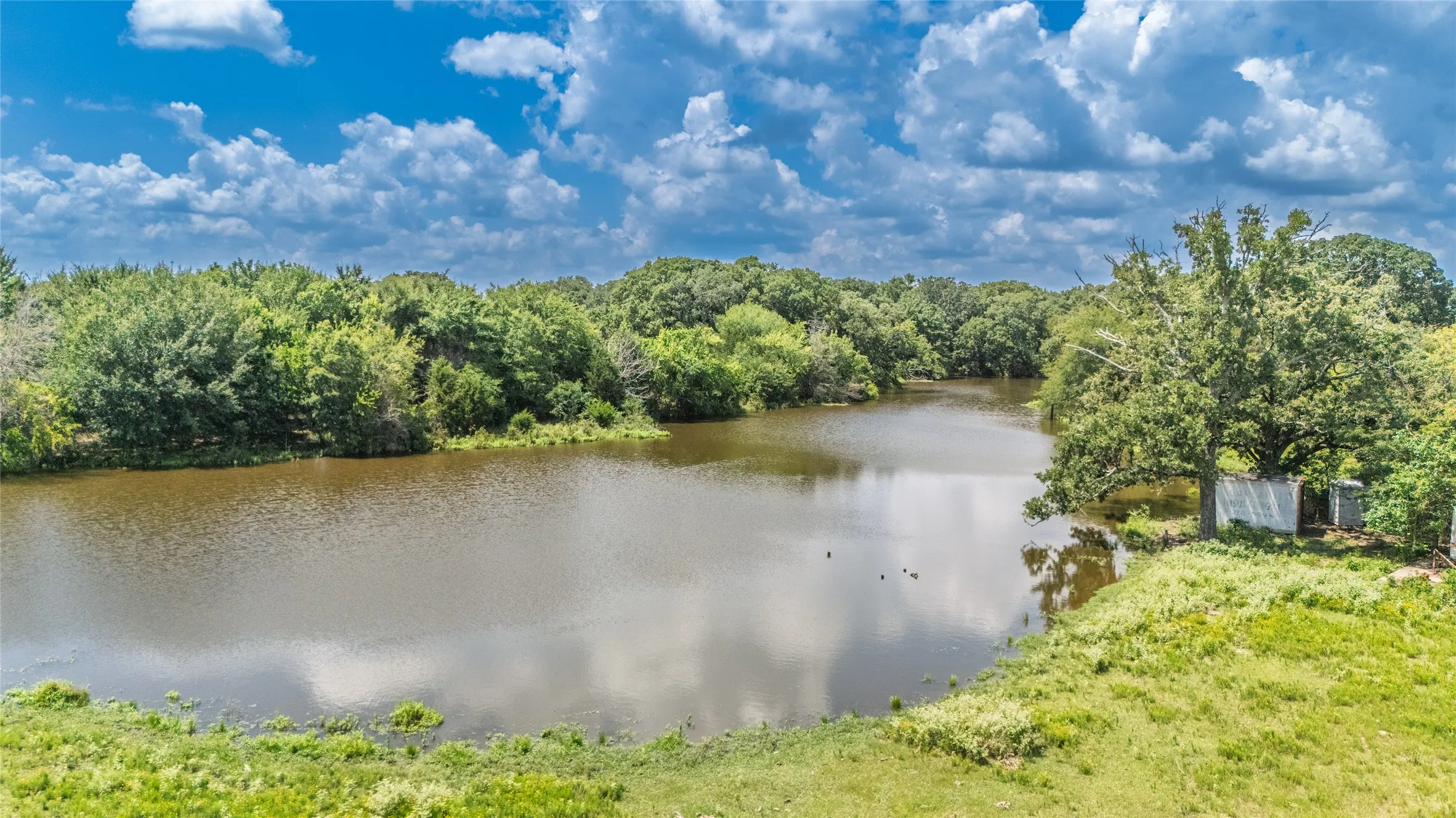 Expansive water frontage surrounded by mature trees and natural vegetation