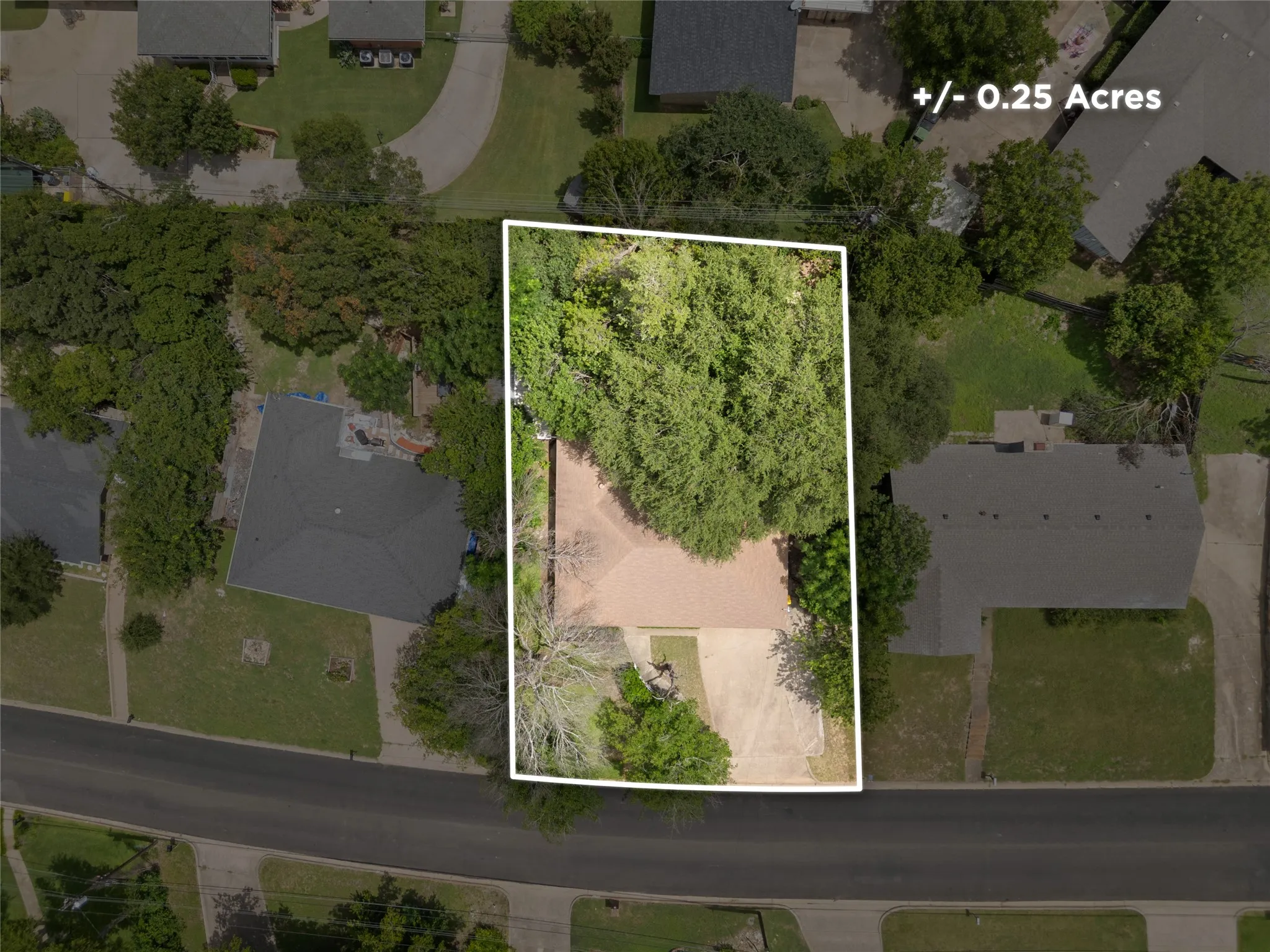 Aerial representation of a residential property lot, encompassing approximately 0.25 acres