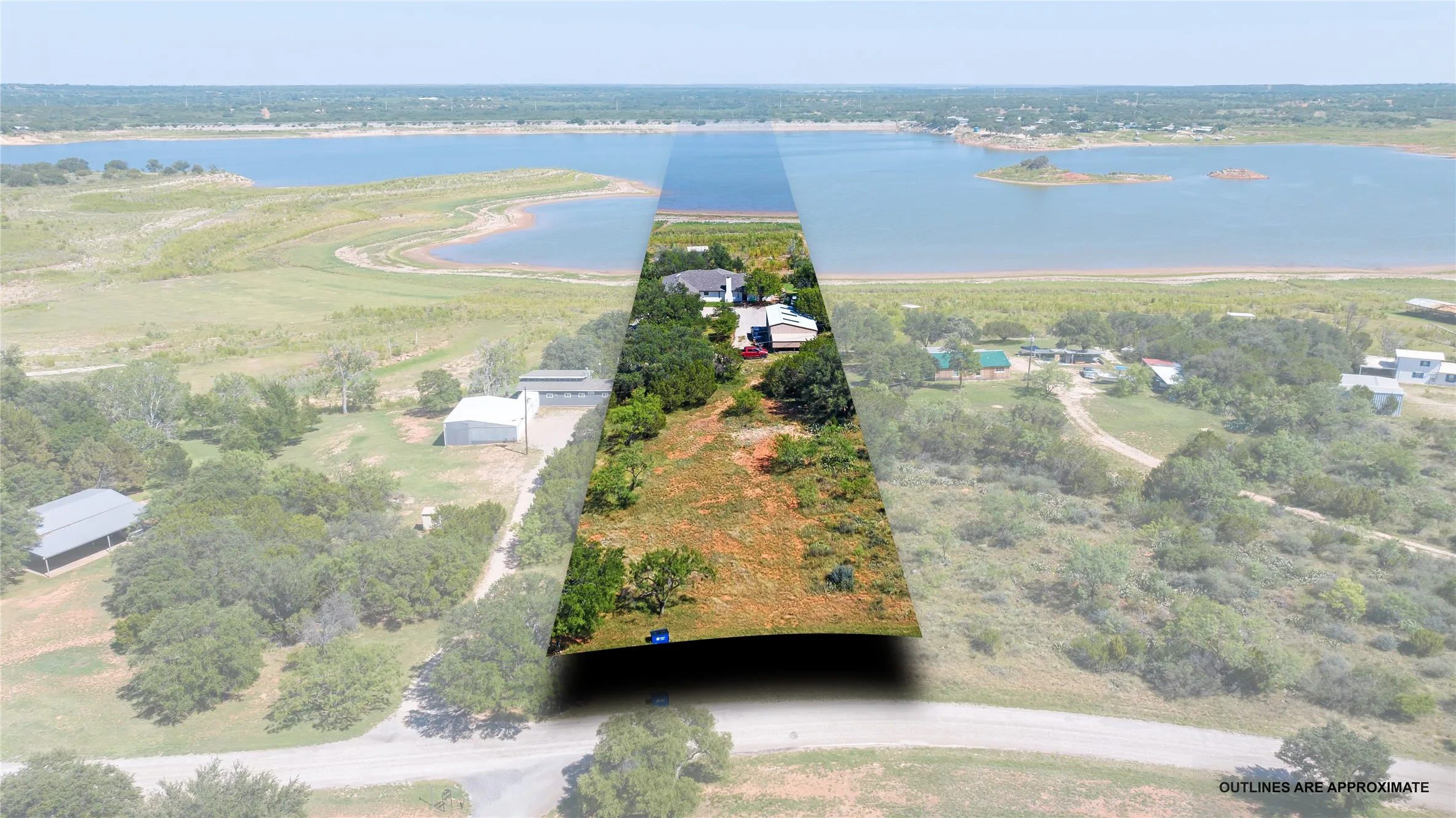 Aerial perspective showcasing a property with significant land area extending towards a large body of water