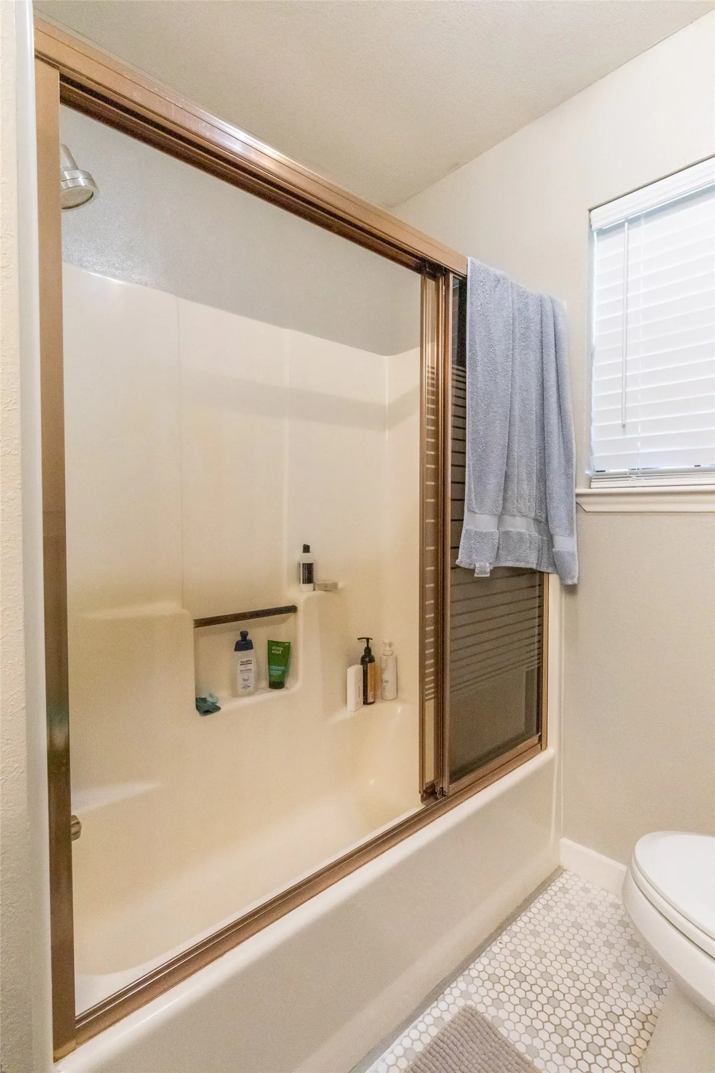 Tub/shower combination with bronze-finish sliding glass doors and an integrated shower niche