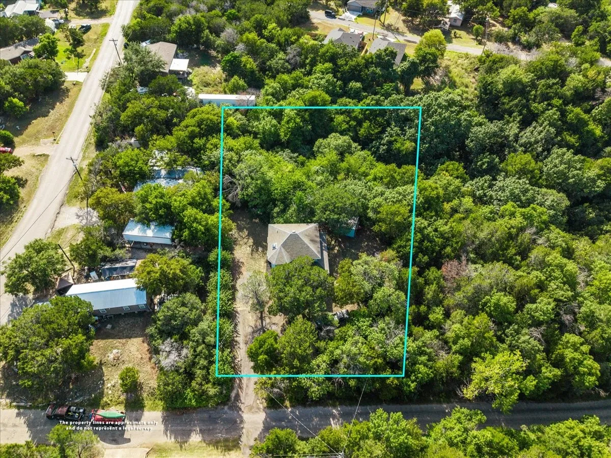 Aerial property overview showcasing a verdant, tree-filled lot with mature foliage
