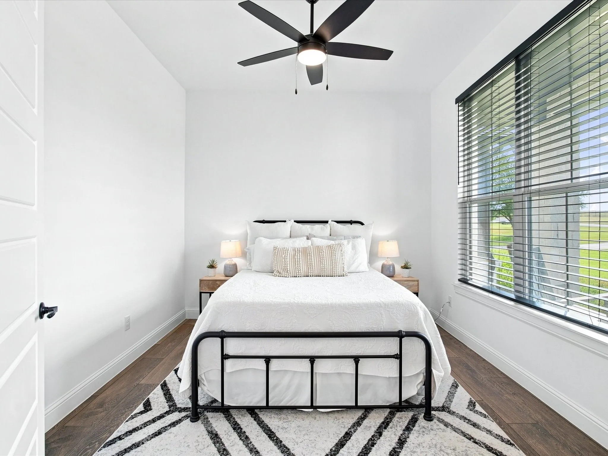 Office with bedroom furniture. Recessed lighting, wood-finish flooring, ceiling fan, and window with blinds