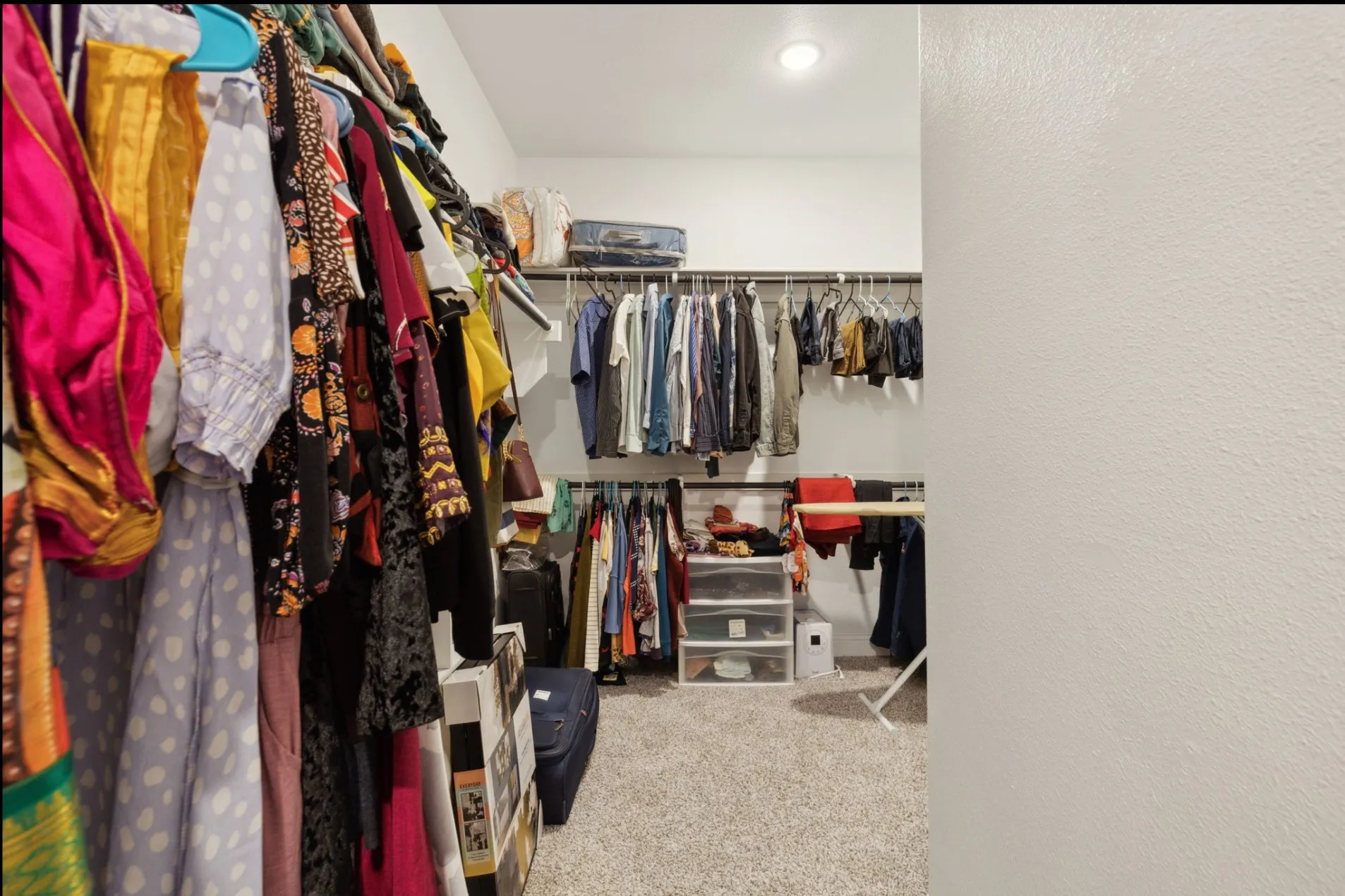 Walk-in closet featuring carpet flooring, built-in shelving, and recessed lighting