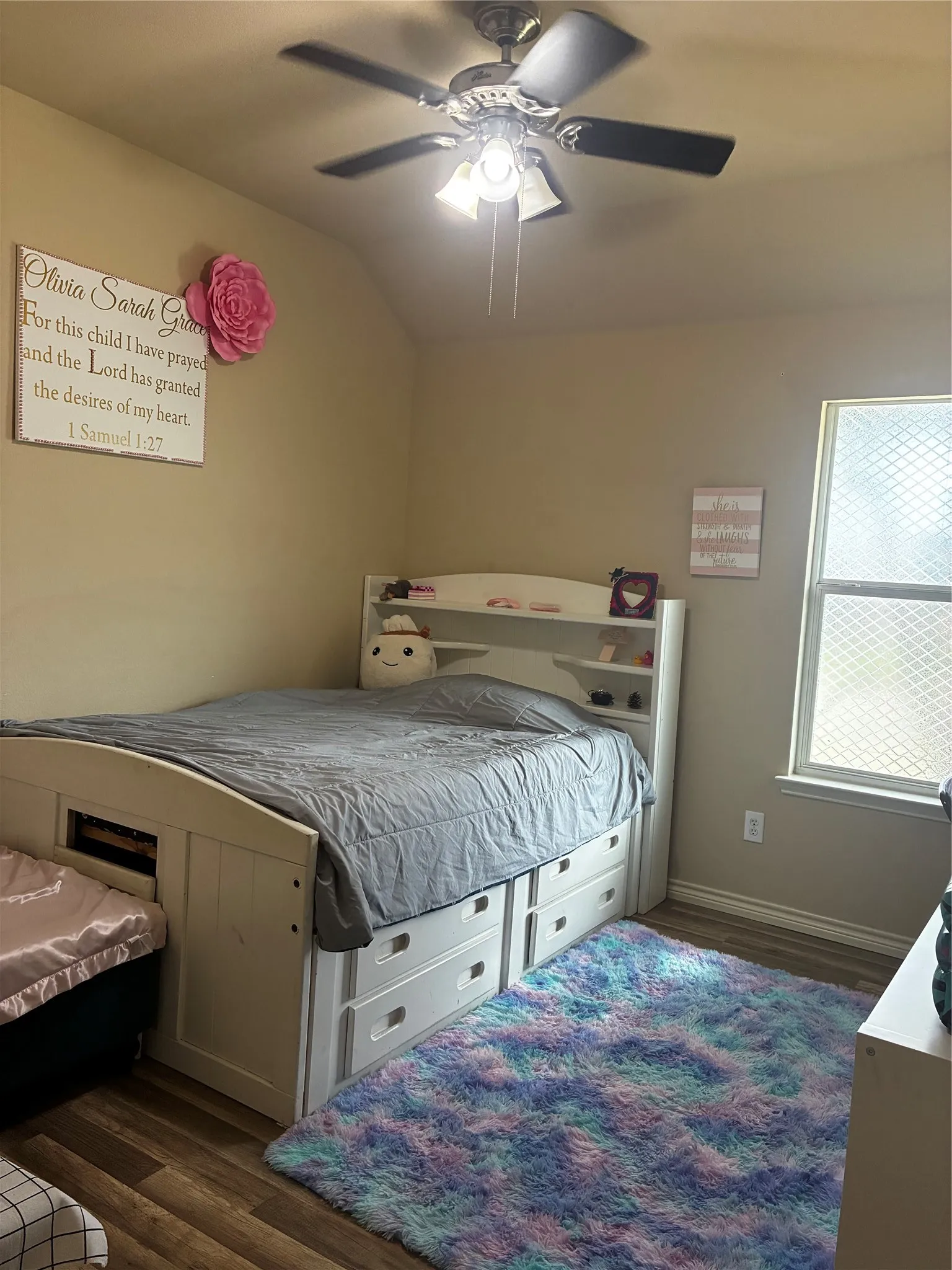 Interior room featuring wood-finish flooring, a ceiling fan with integrated lighting, and a window with privacy glass