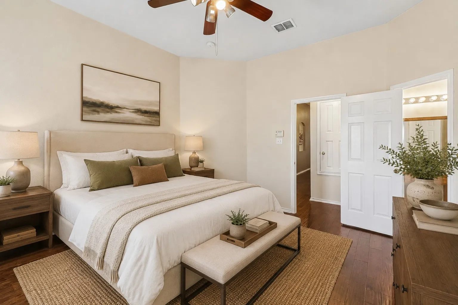 Bedroom featuring wood-finish flooring, light-toned walls, and a ceiling fan