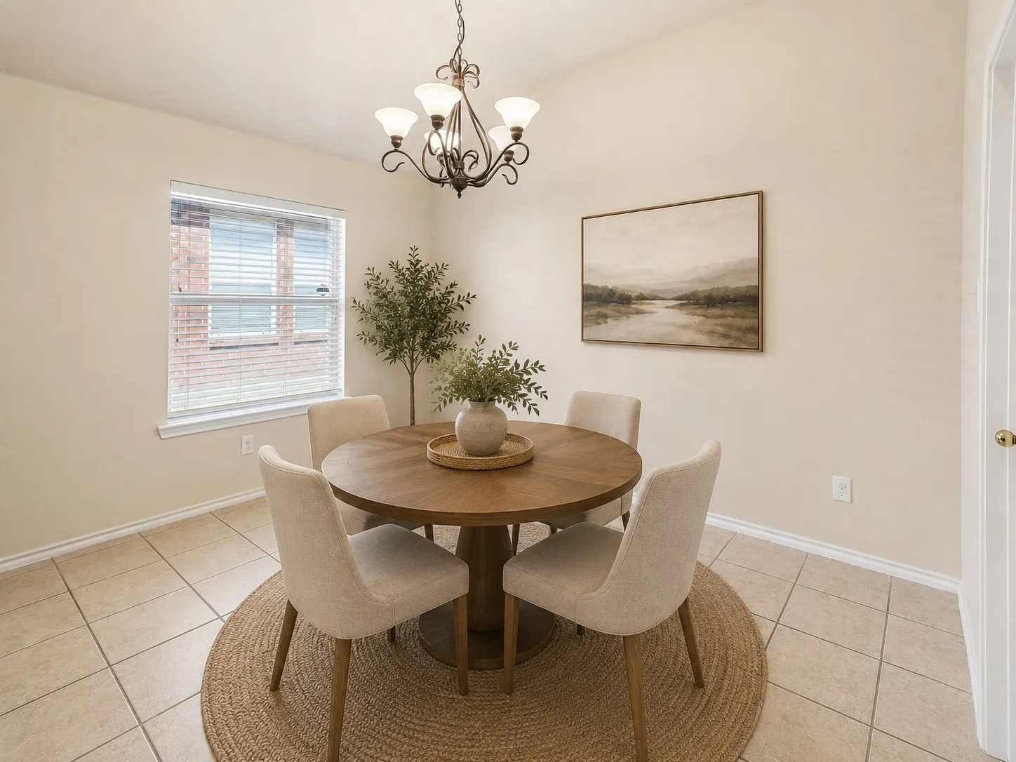 Dining area featuring a classic chandelier, vaulted ceilings, and a window with horizontal blinds