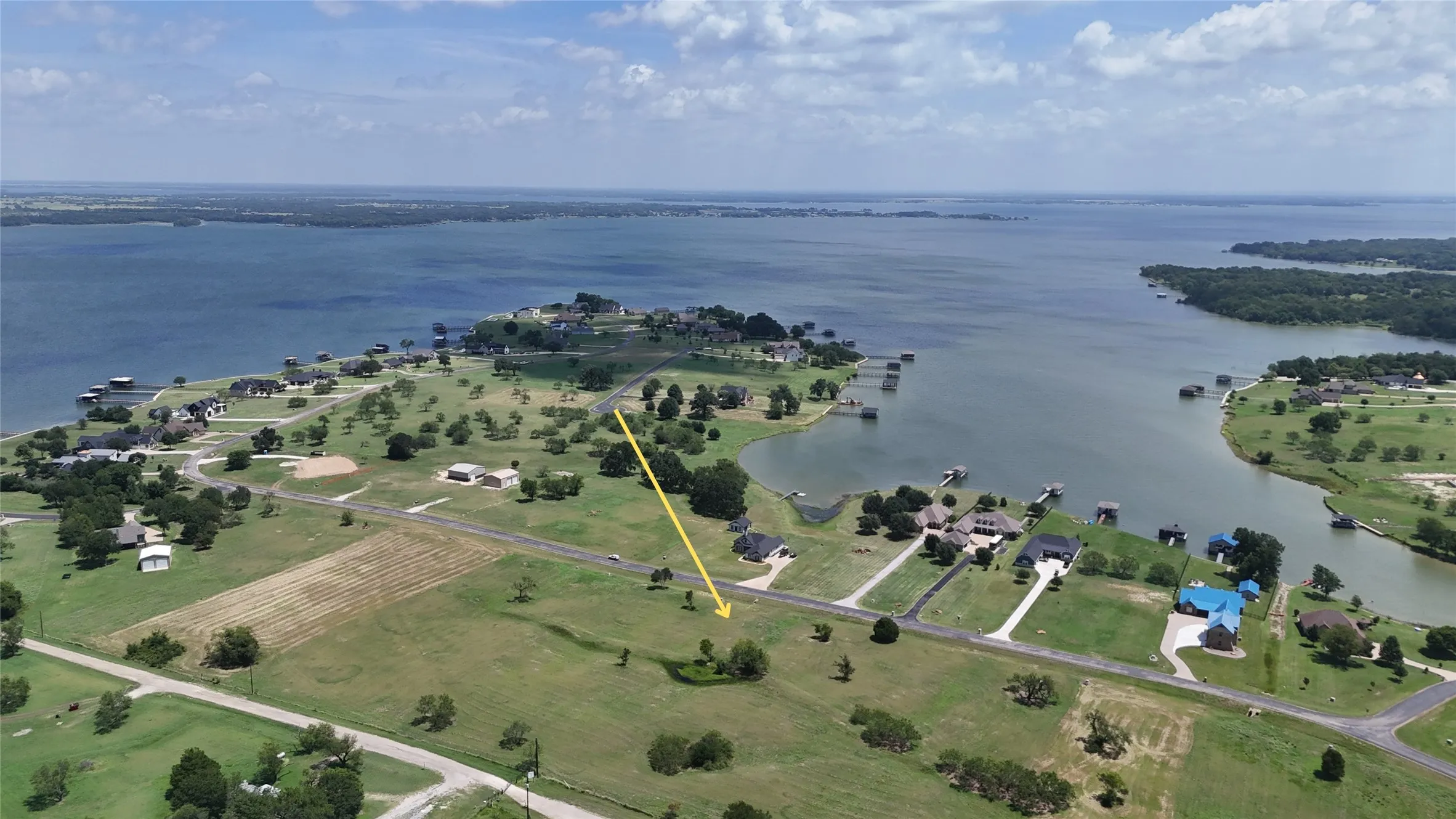 Panoramic drone view overlooking Richland Chambers Lake and Southpoint.