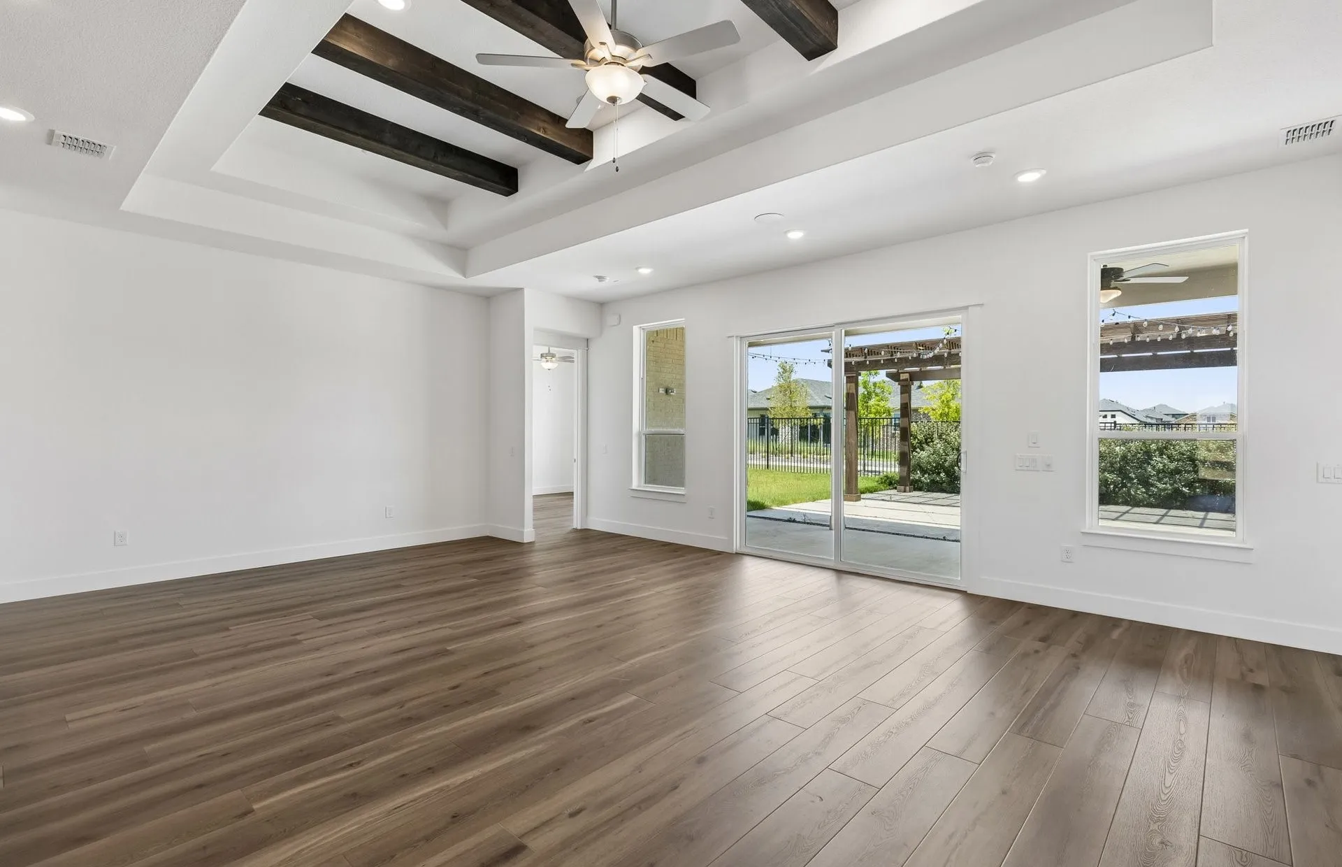 Beams and sliding doors in gathering room