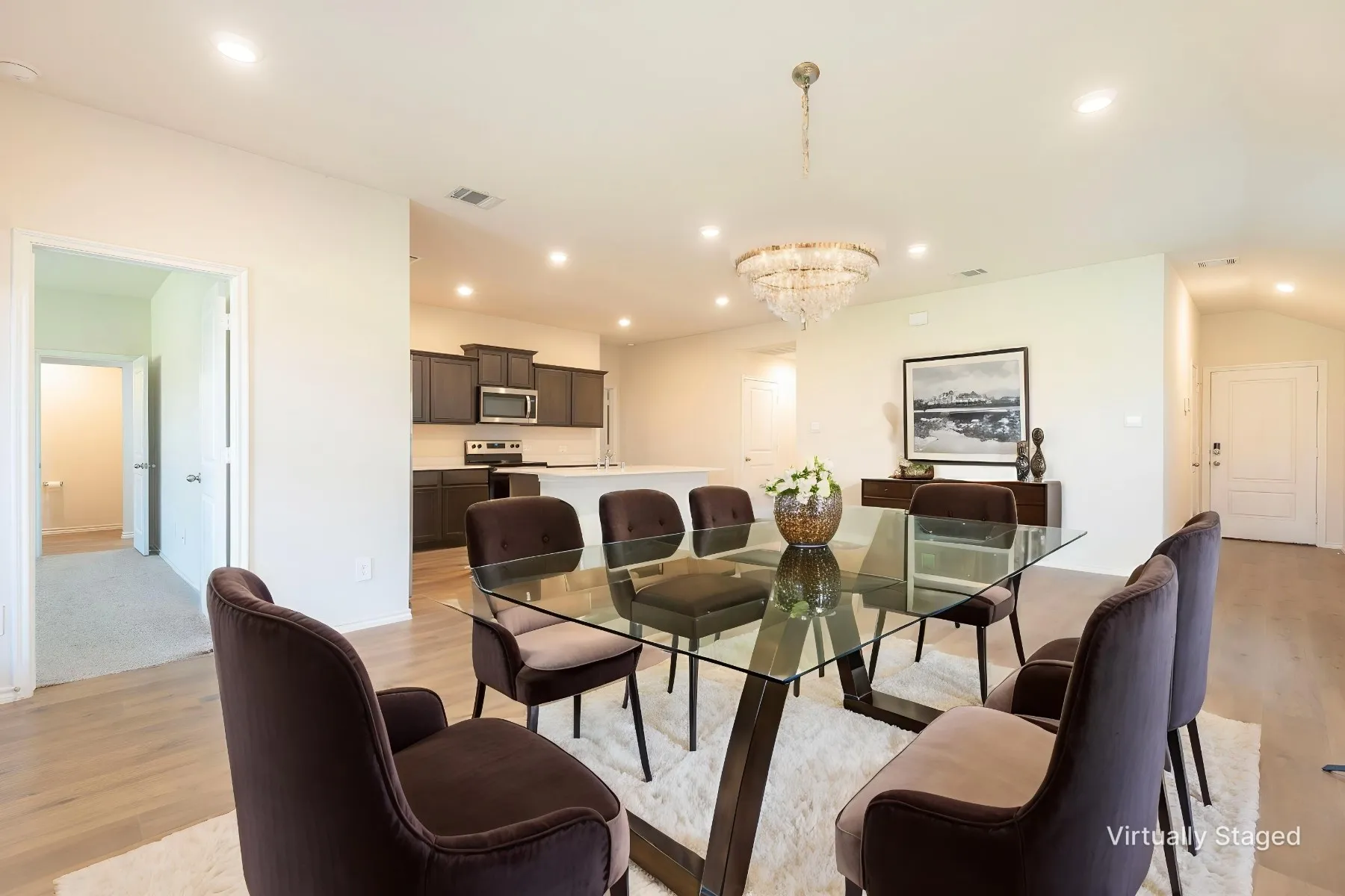 There are options where to place a dining table in the open floor plan
