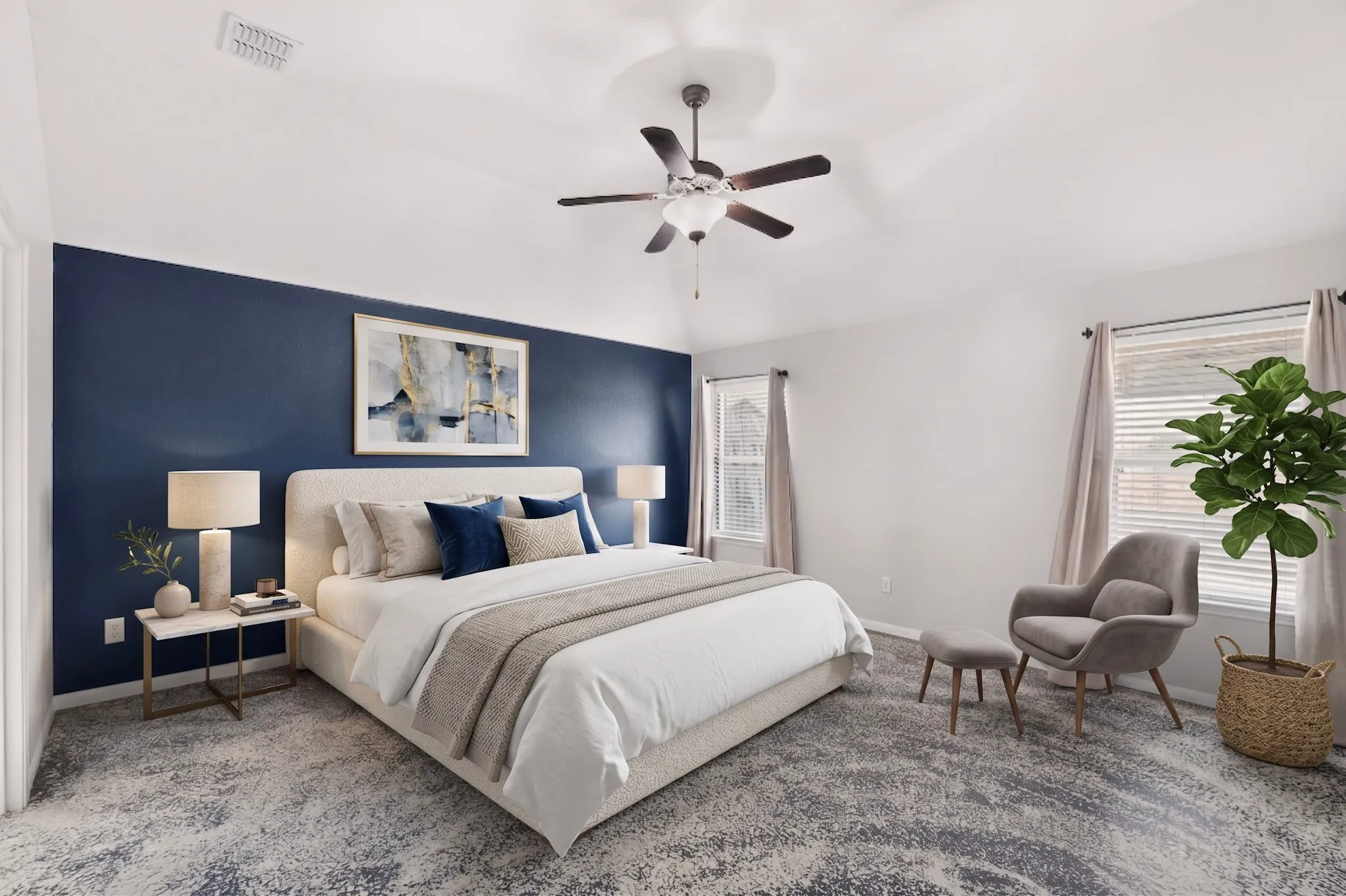 Vaulted ceiling with a ceiling fan, dual windows with blinds, plush patterned carpet, and a deep blue accent wall