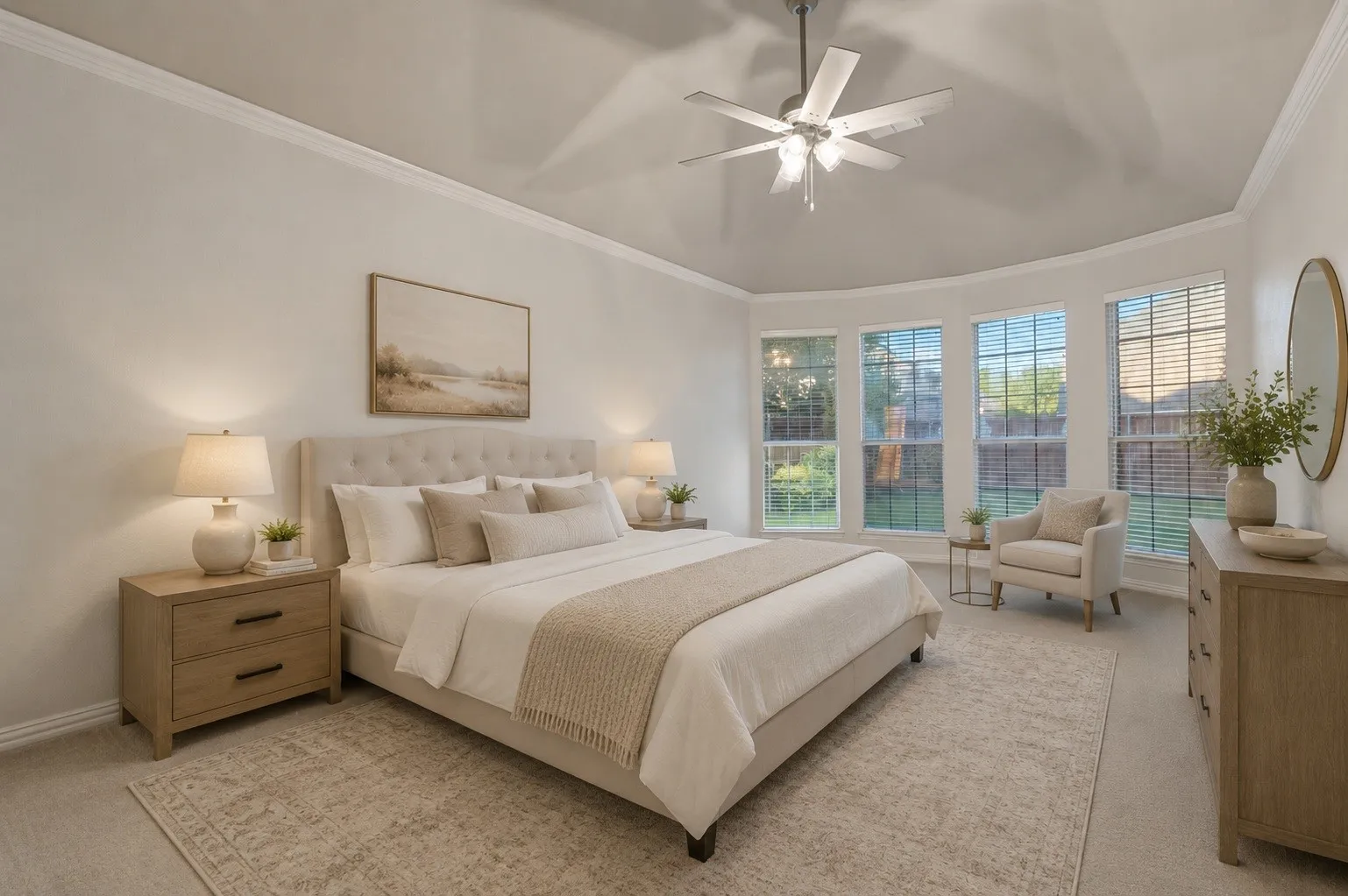 Virtually staged primary bedroom with room for a sitting area.