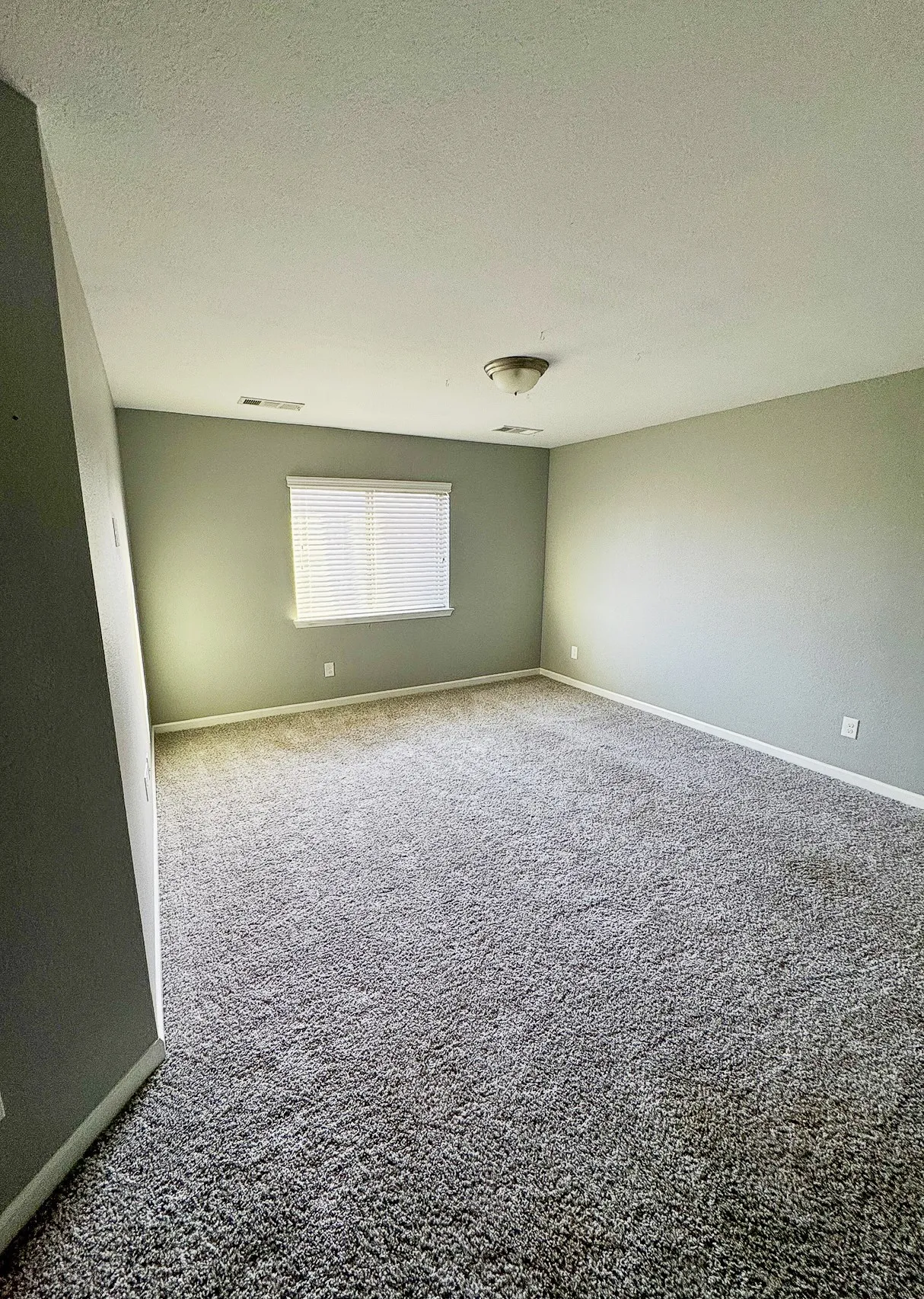 Spacious room featuring neutral carpeting, a single window with blinds, and a flush-mount ceiling light fixture