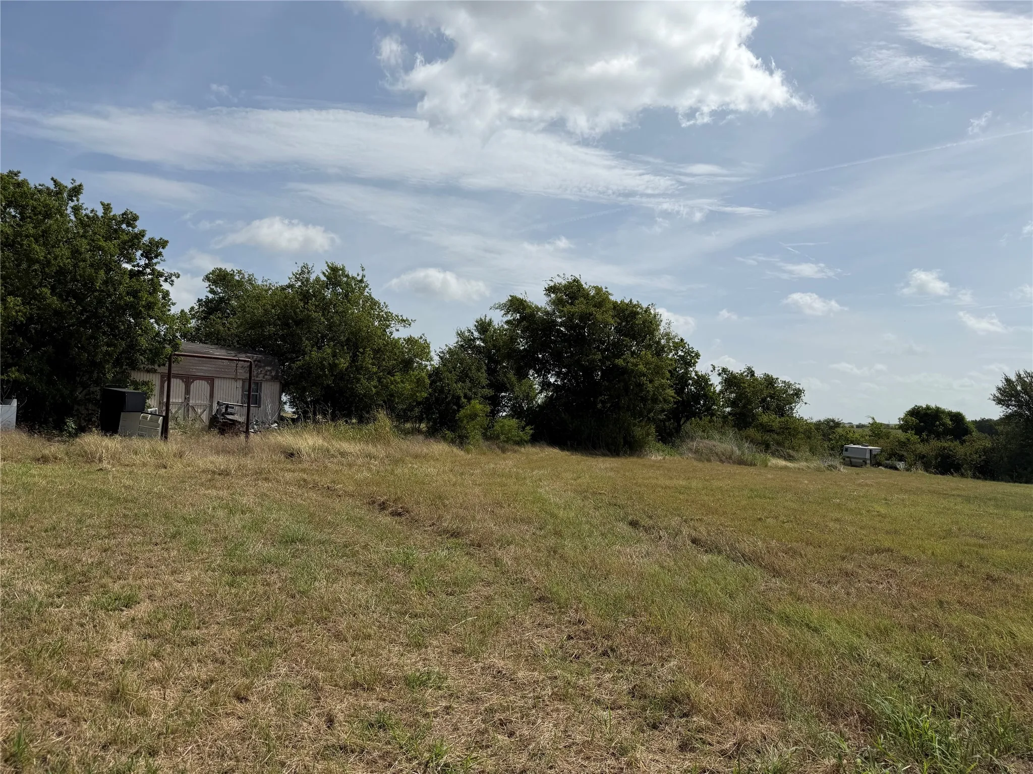 Expansive open land featuring a detached shed and mature trees
