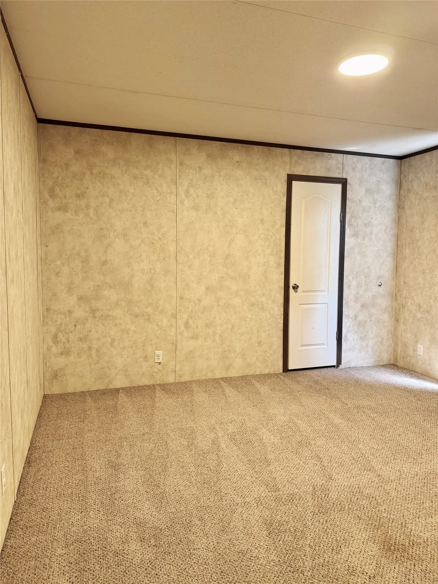 Room featuring textured wall panels, a white interior door with dark trim, recessed ceiling lighting, and tan carpeting