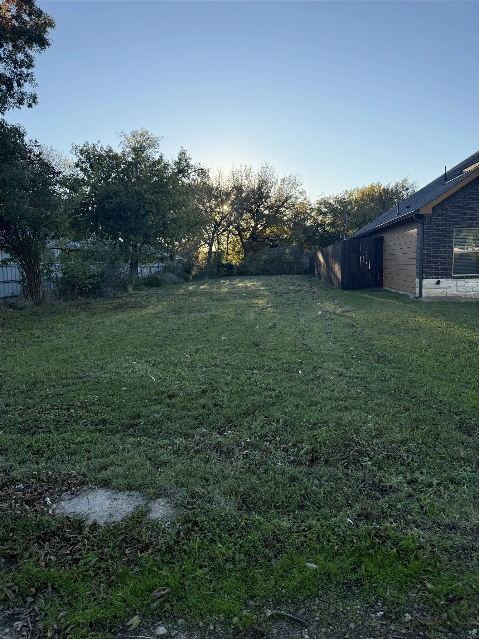 Expansive green space with abundant natural light, mature trees, and a partial privacy fence