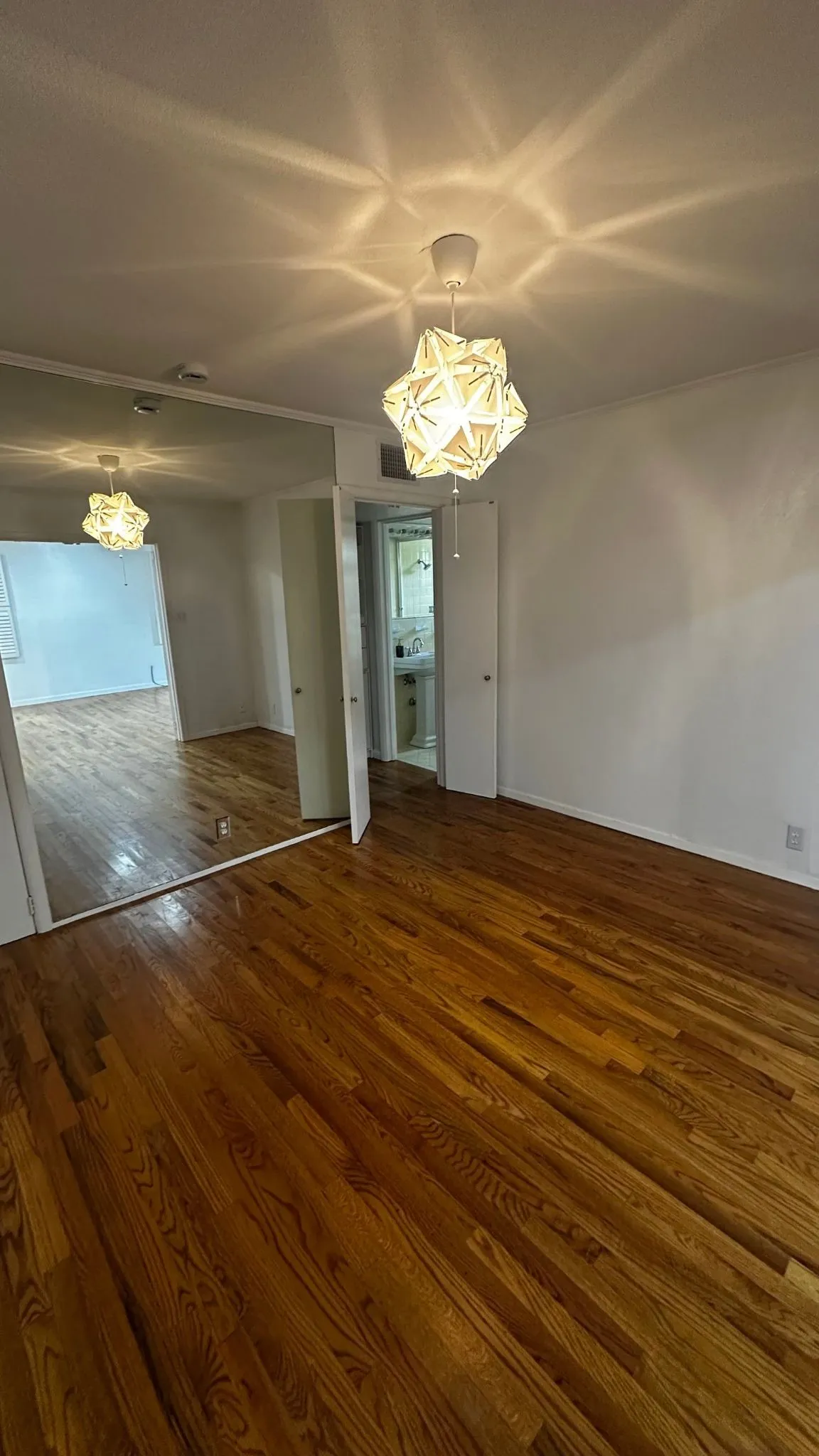Room featuring wood-finish flooring, a unique geometric ceiling light fixture, and mirrored wall panels