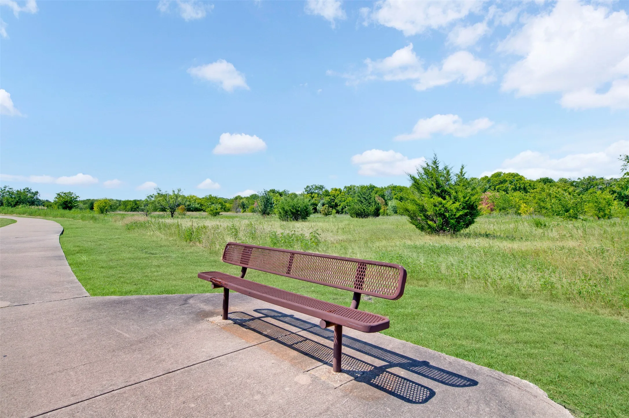 Outdoor park bench on a concrete pad offering broad views of an expansive grassy field and distant mature trees, featuring a curved concrete pathway