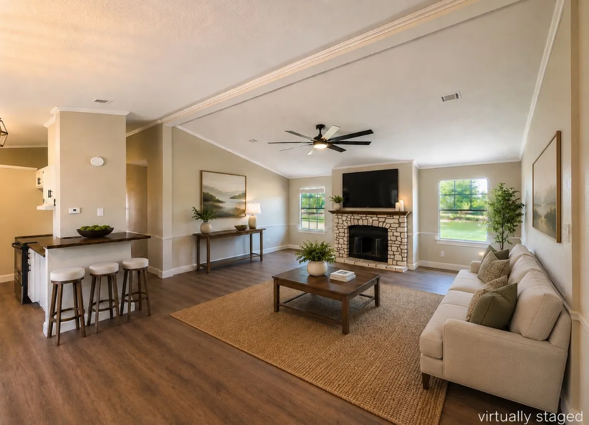Spacious open-concept living area featuring wood-finish flooring, a stone-surround fireplace, and vaulted ceilings with a ceiling fan